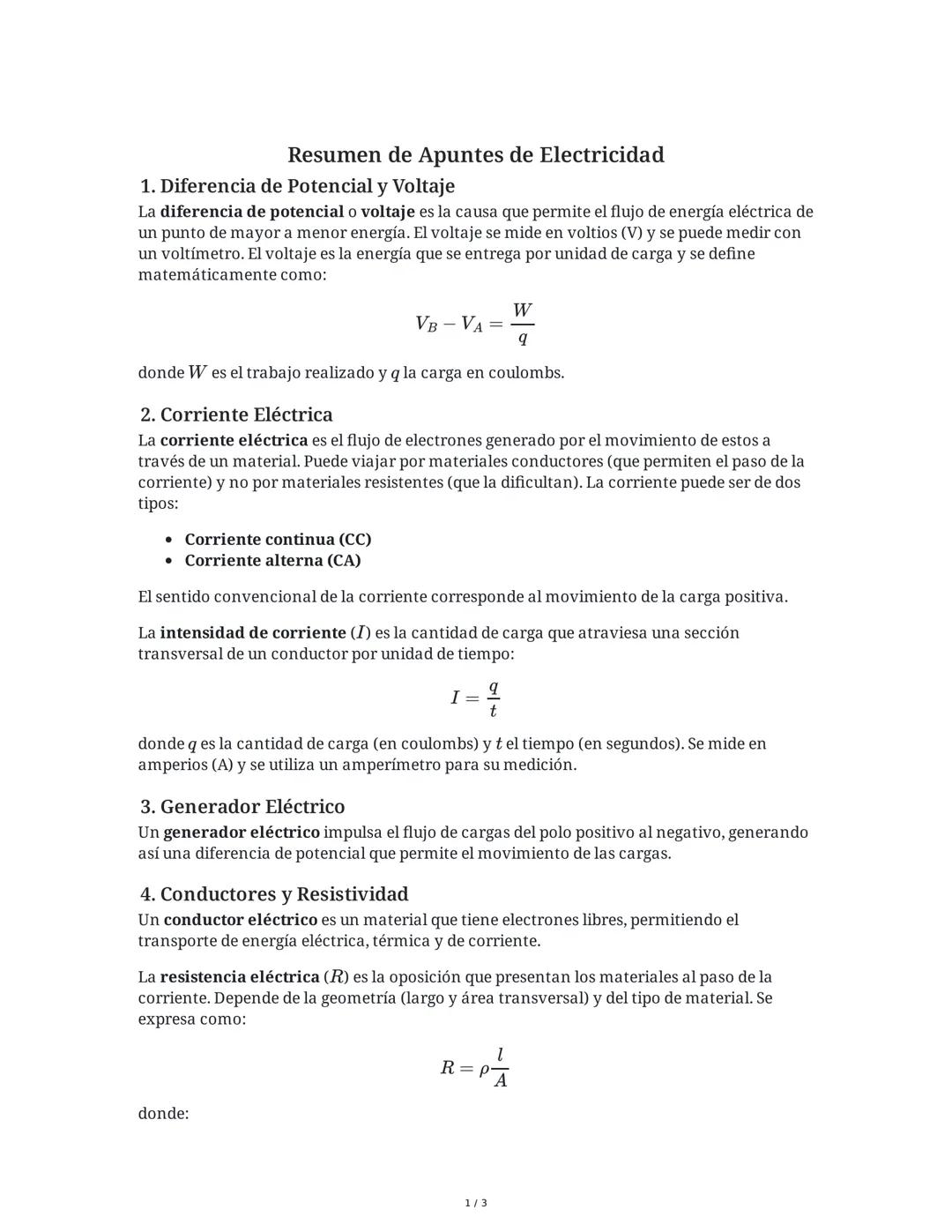 Resumen de Apuntes de Electricidad
1. Diferencia de Potencial y Voltaje
La diferencia de potencial o voltaje es la causa que permite el fluj