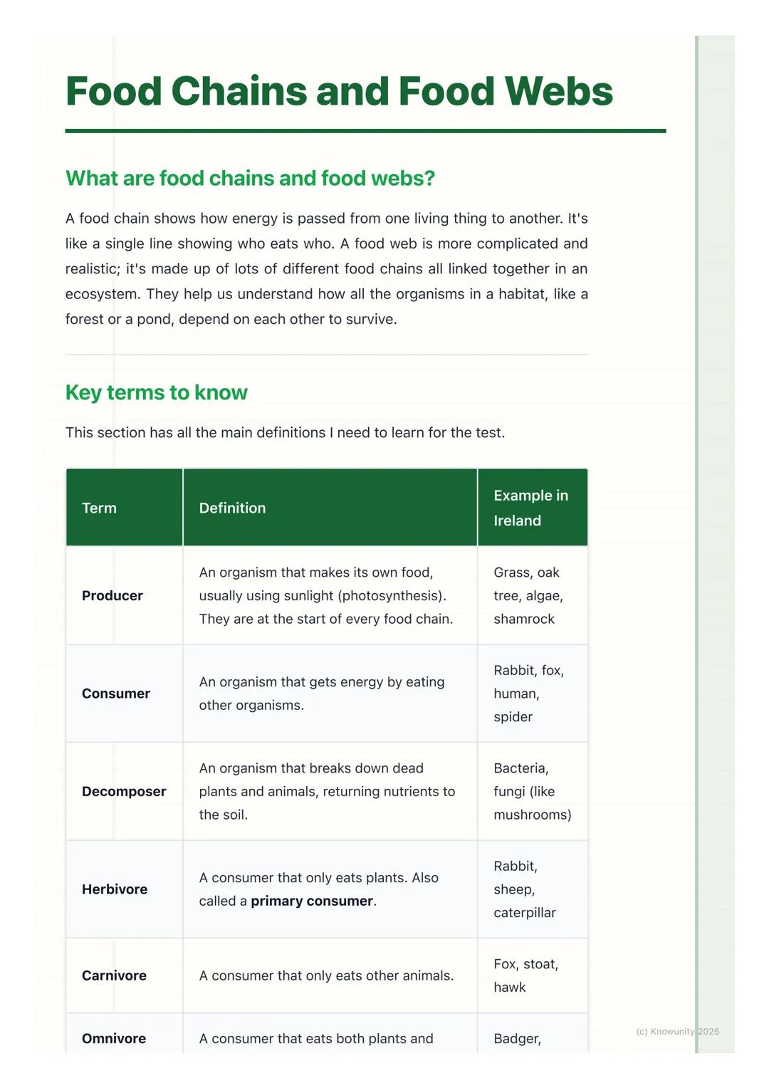 # Food Chains and Food Webs

## What are food chains and food webs?

A food chain shows how energy is passed from one living thing to anothe