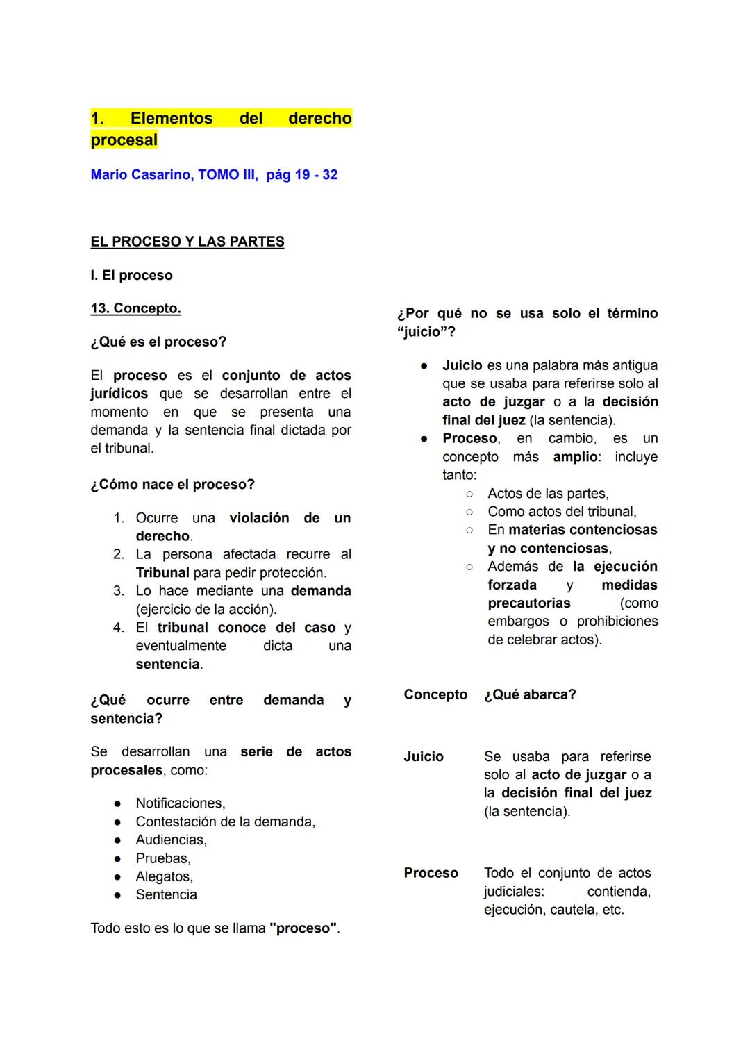 # 1. Elementos del derecho procesal

Mario Casarino, TOMO III, pág 19 - 32

# EL PROCESO Y LAS PARTES

I. El proceso

13. Concepto.

¿Qué es