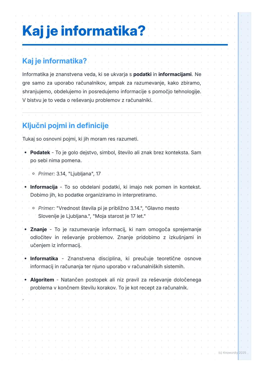 # Kaj je informatika?

Kaj je informatika?

Informatika je znanstvena veda, ki se ukvarja s podatki in informacijami. Ne
gre samo za uporabo