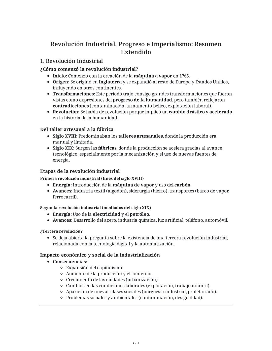 Revolución Industrial, Progreso e Imperialismo: Resumen
Extendido
1. Revolución Industrial
¿Cómo comenzó la revolución industrial?
• Inicio: