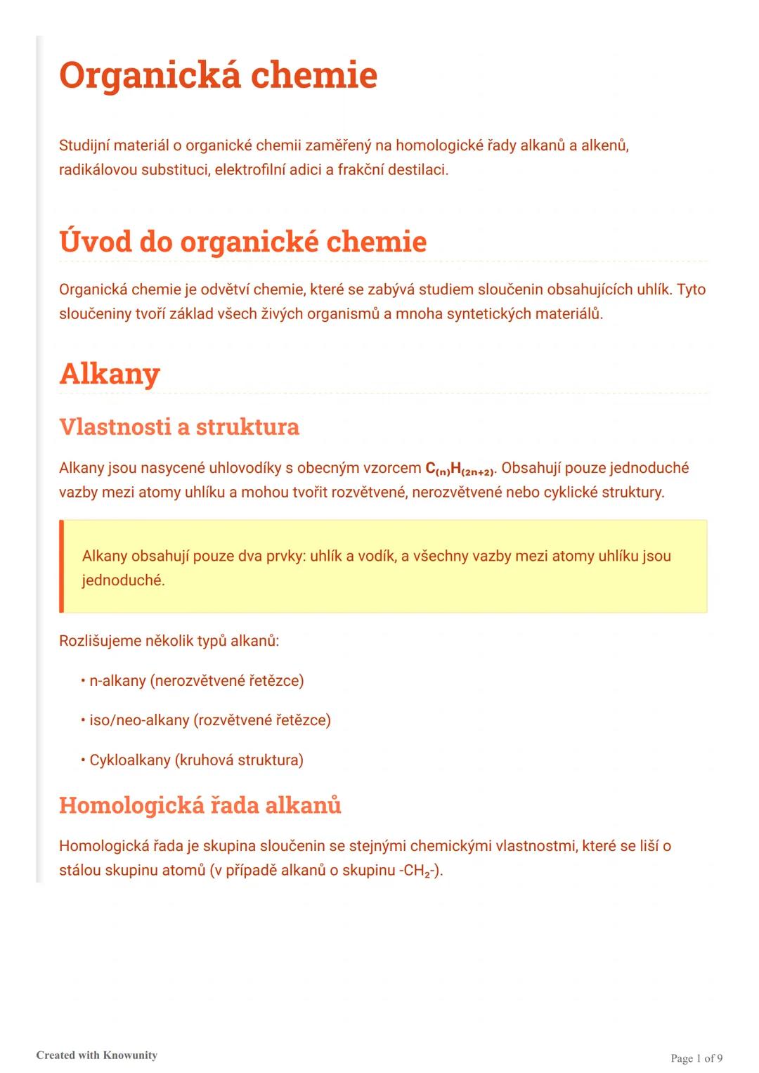 Organická chemie
Studijní materiál o organické chemii zaměřený na homologické řady alkanů a alkenů,
radikálovou substituci, elektrofilní adi