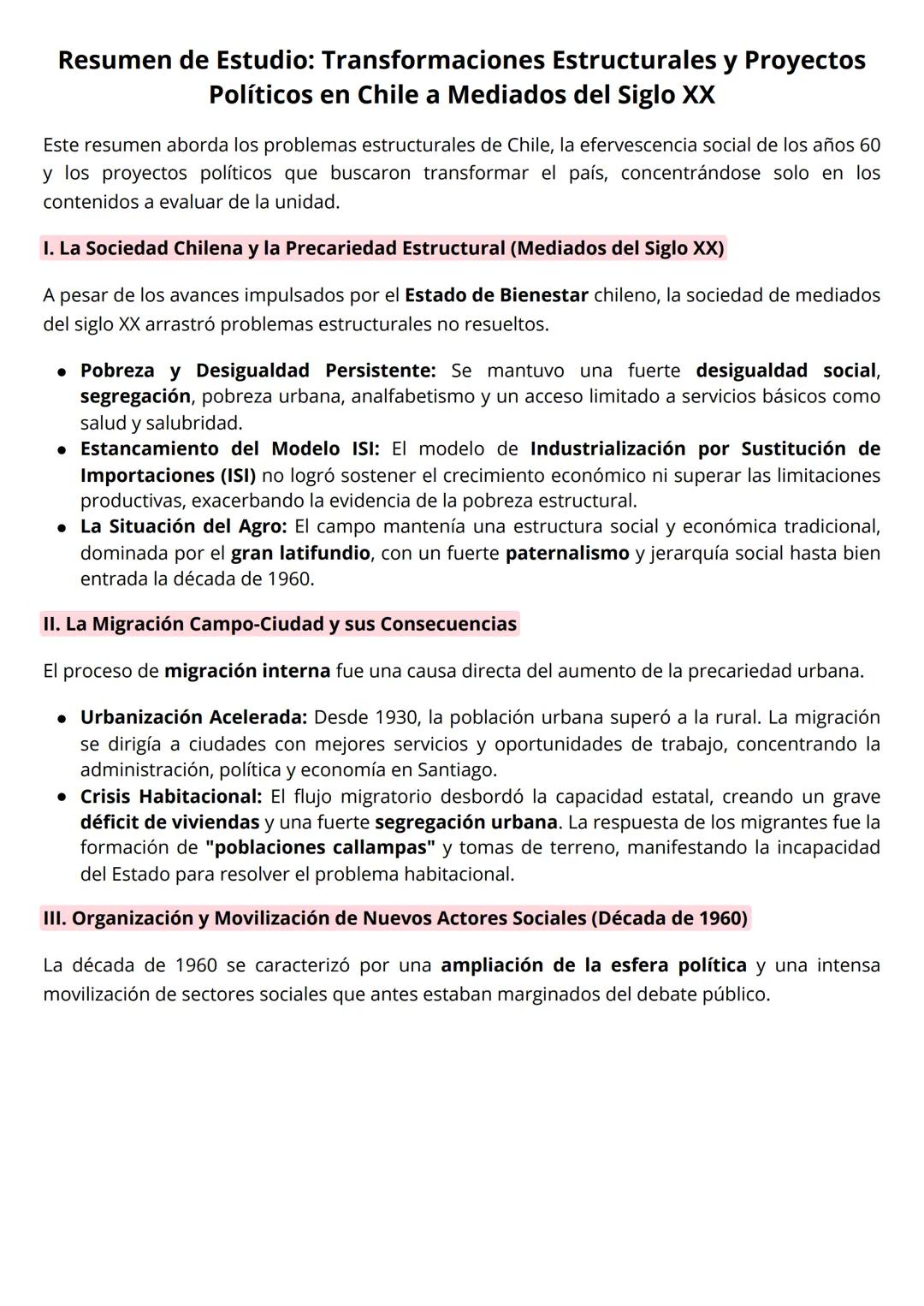 # Resumen de Estudio: Transformaciones Estructurales y Proyectos
# Políticos en Chile a Mediados del Siglo XX

Este resumen aborda los probl