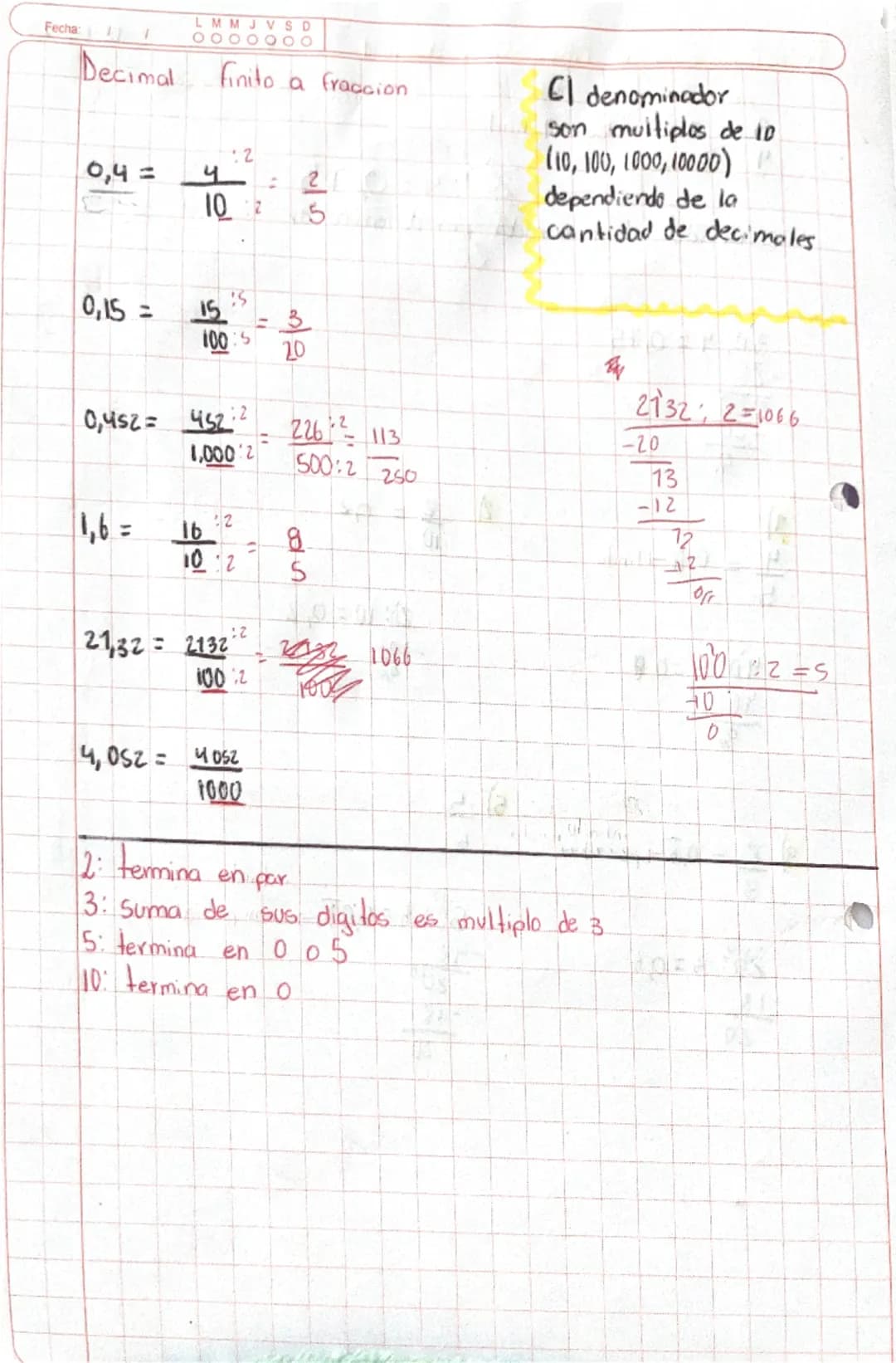 --- OCR Start ---
decimal
0000000 Fecha: 05/03/25
3=0,75 decaimal finitu
4
2.10
30:4:0,75
sedivide el numerador por denominador
20
30:4 = 0,