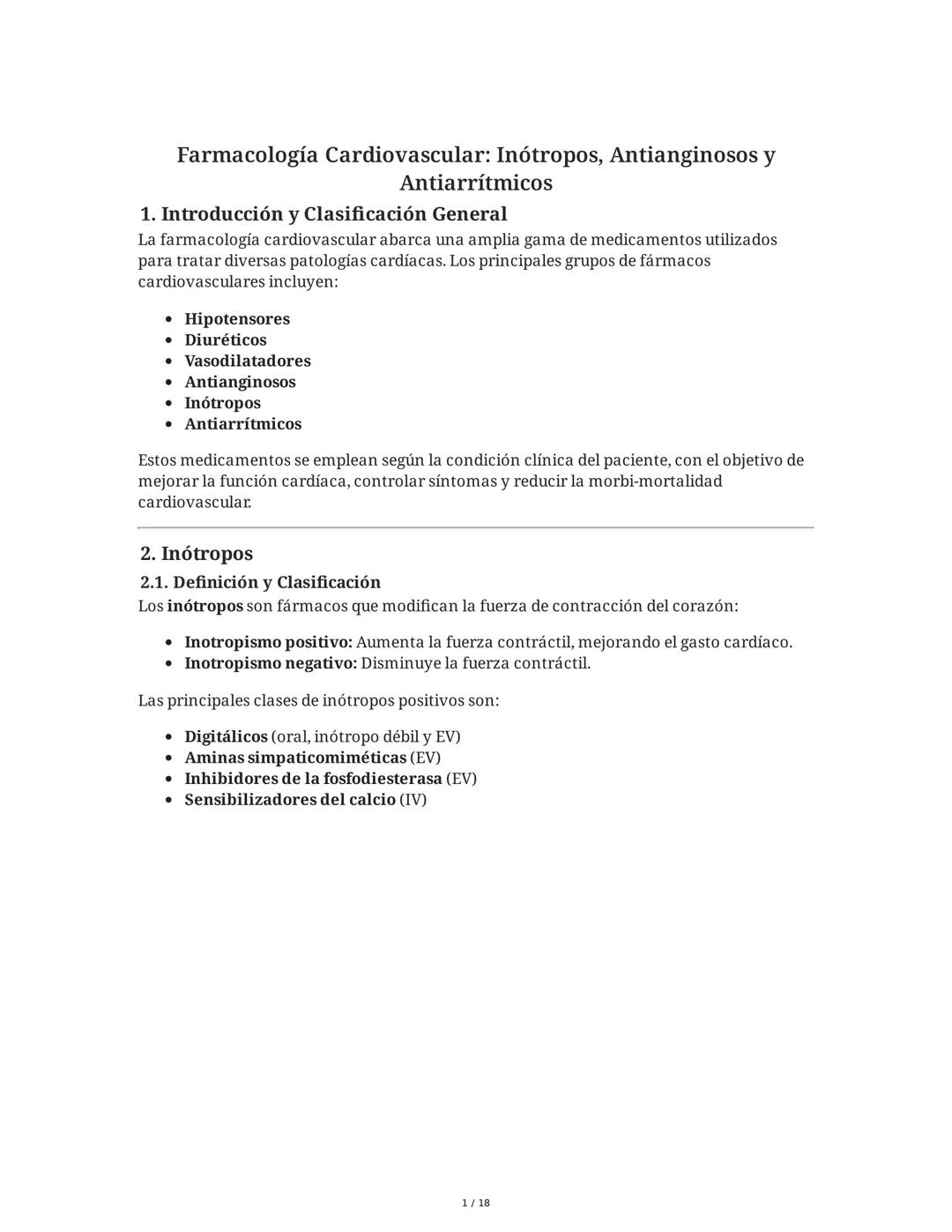 Farmacología Cardiovascular: Inótropos, Antianginosos y
Antiarrítmicos
1. Introducción y Clasificación General
La farmacología cardiovascula