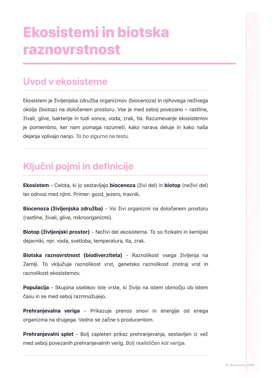 # Ekosistemi in biotska
raznovrstnost

## Uvod v ekosisteme

Ekosistem je življenjska združba organizmov (biocenoza) in njihovega neživega
o