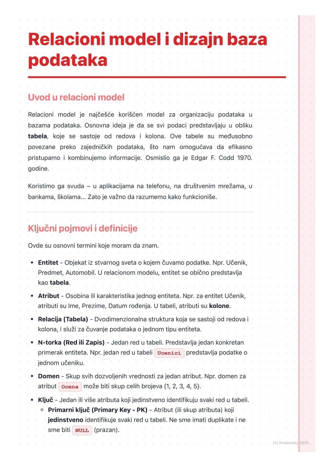 # Relacioni model i dizajn baza
podataka

Uvod u relacioni model

Relacioni model je najčešće korišćen model za organizaciju podataka u
baza