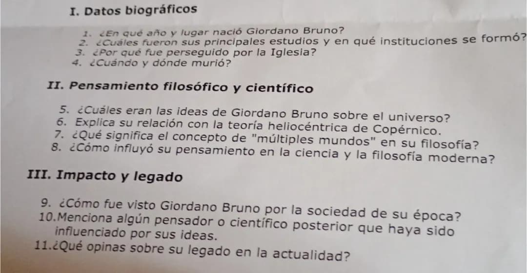 Preguntas sobre Giordano Bruno
