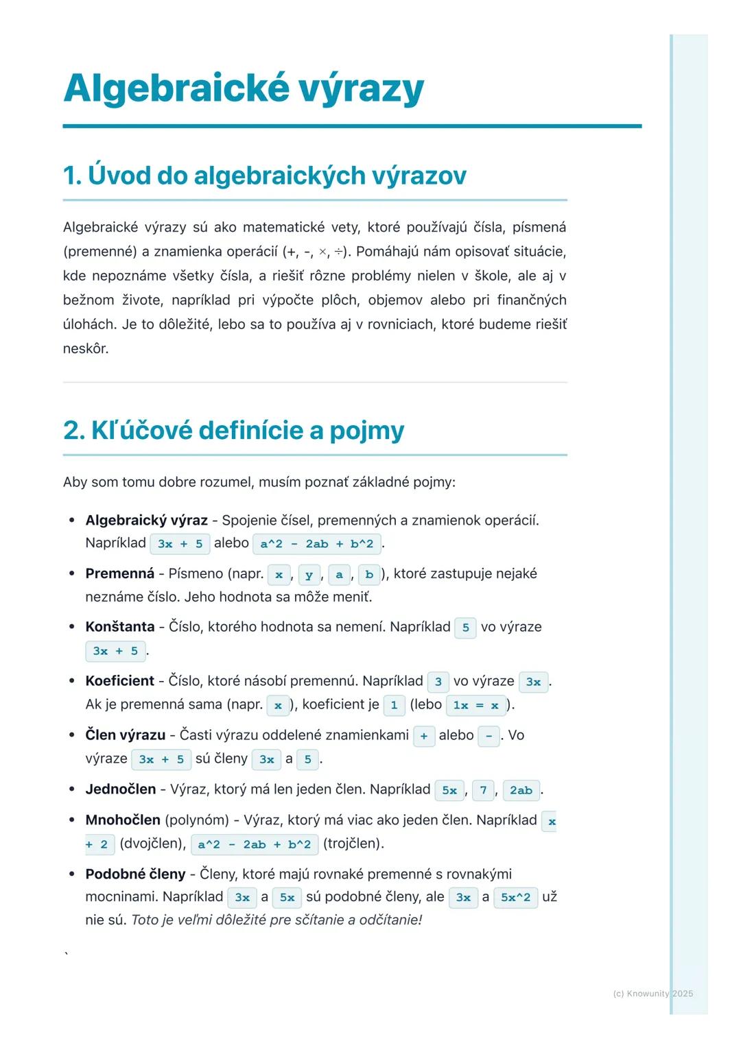 # Algebraické výrazy

## 1. Úvod do algebraických výrazov

Algebraické výrazy sú ako matematické vety, ktoré používajú čísla, písmená
(preme