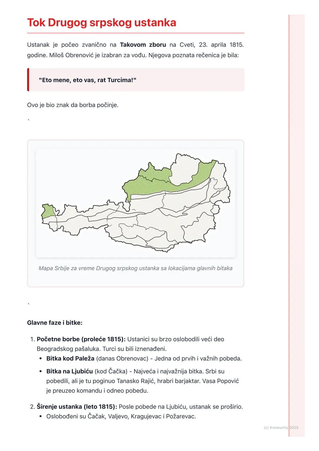 # Drugi srpski ustanak

## Uvod i uzroci ustanka

Posle sloma Prvog srpskog ustanka 1813. godine, stanje u Srbiji je bilo jako
teško. Turci 