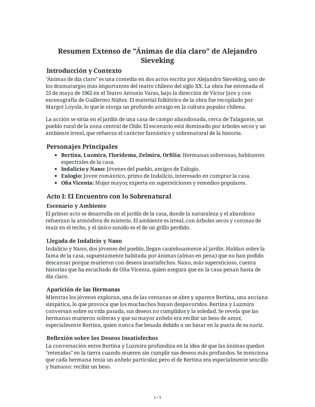 # Resumen Extenso de "Ánimas de día claro" de Alejandro
Sieveking

## Introducción y Contexto
"Ánimas de día claro" es una comedia en dos ac