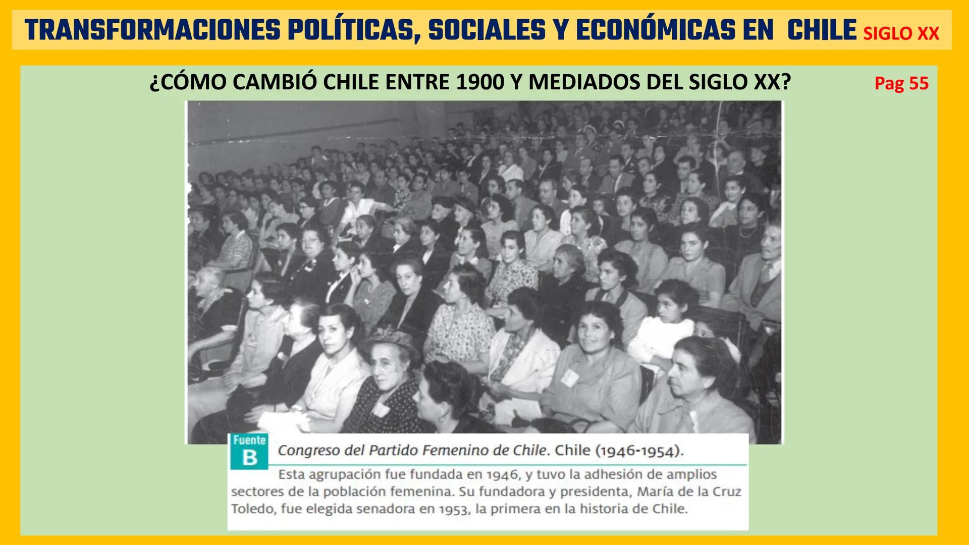 # TRANSFORMACIONES POLÍTICAS, SOCIALES Y ECONÓMICAS EN CHILE SIGLO XX

¿CÓMO CAMBIÓ CHILE ENTRE 1900 Y MEDIADOS DEL SIGLO XX? Pag 54

Tras l