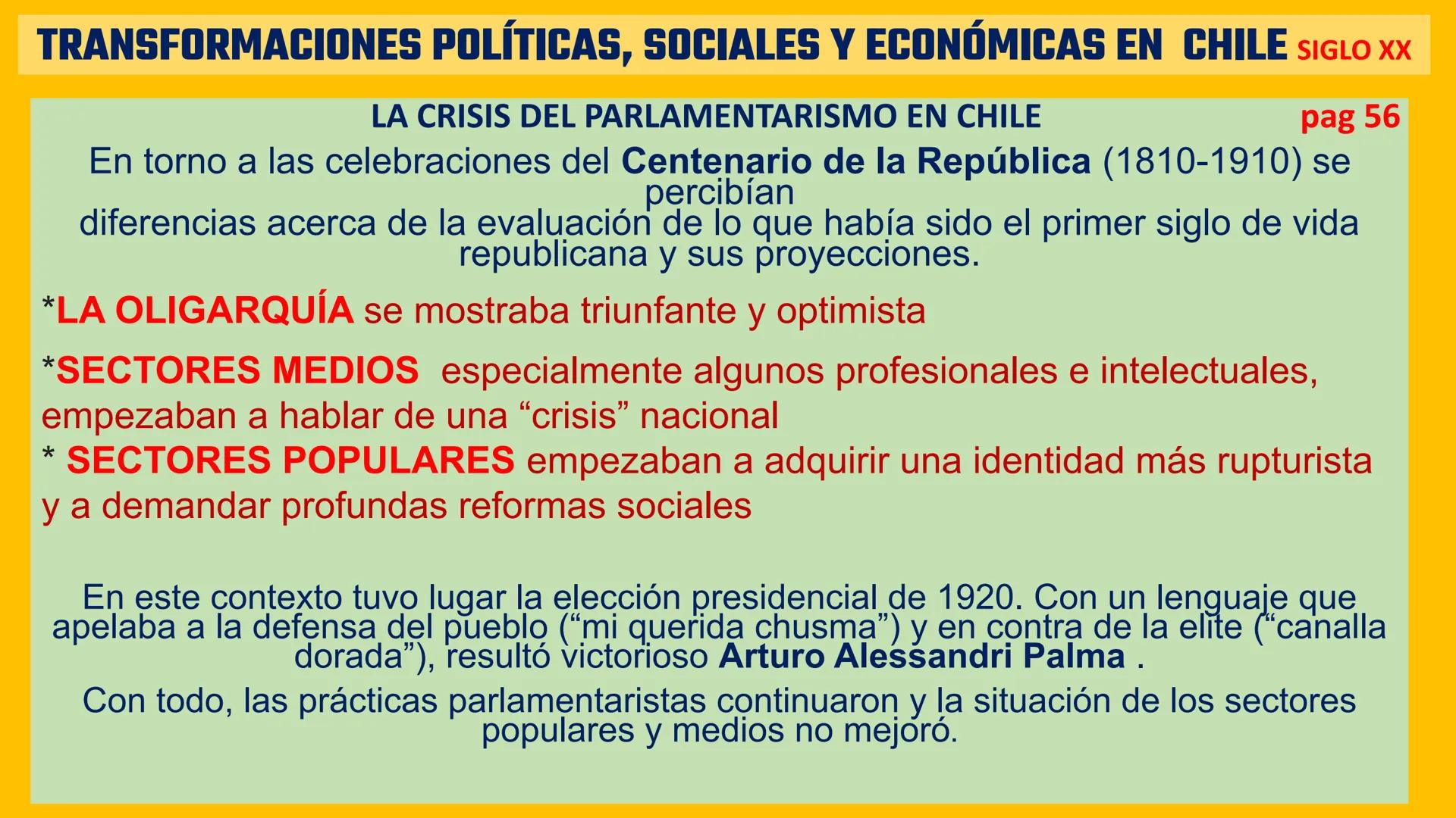 # TRANSFORMACIONES POLÍTICAS, SOCIALES Y ECONÓMICAS EN CHILE SIGLO XX

¿CÓMO CAMBIÓ CHILE ENTRE 1900 Y MEDIADOS DEL SIGLO XX? Pag 54

Tras l