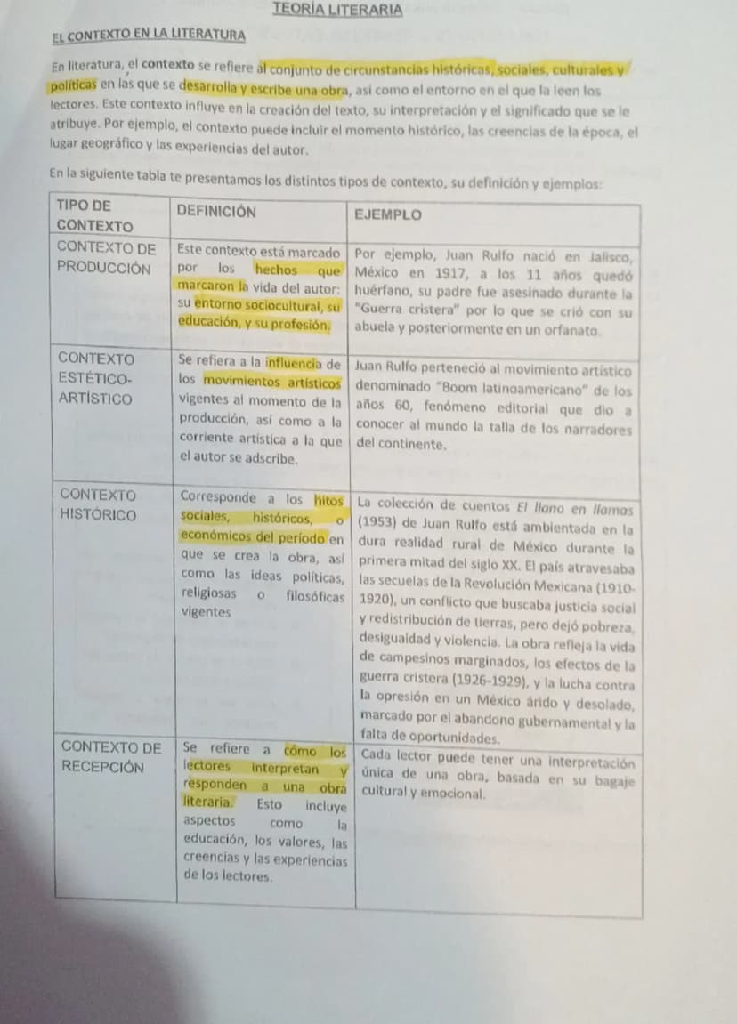 EL CONTEXTO EN LA LITERATURA
TEORÍA LITERARIA
En literatura, el contexto se refiere al conjunto de circunstancias históricas, sociales, cult