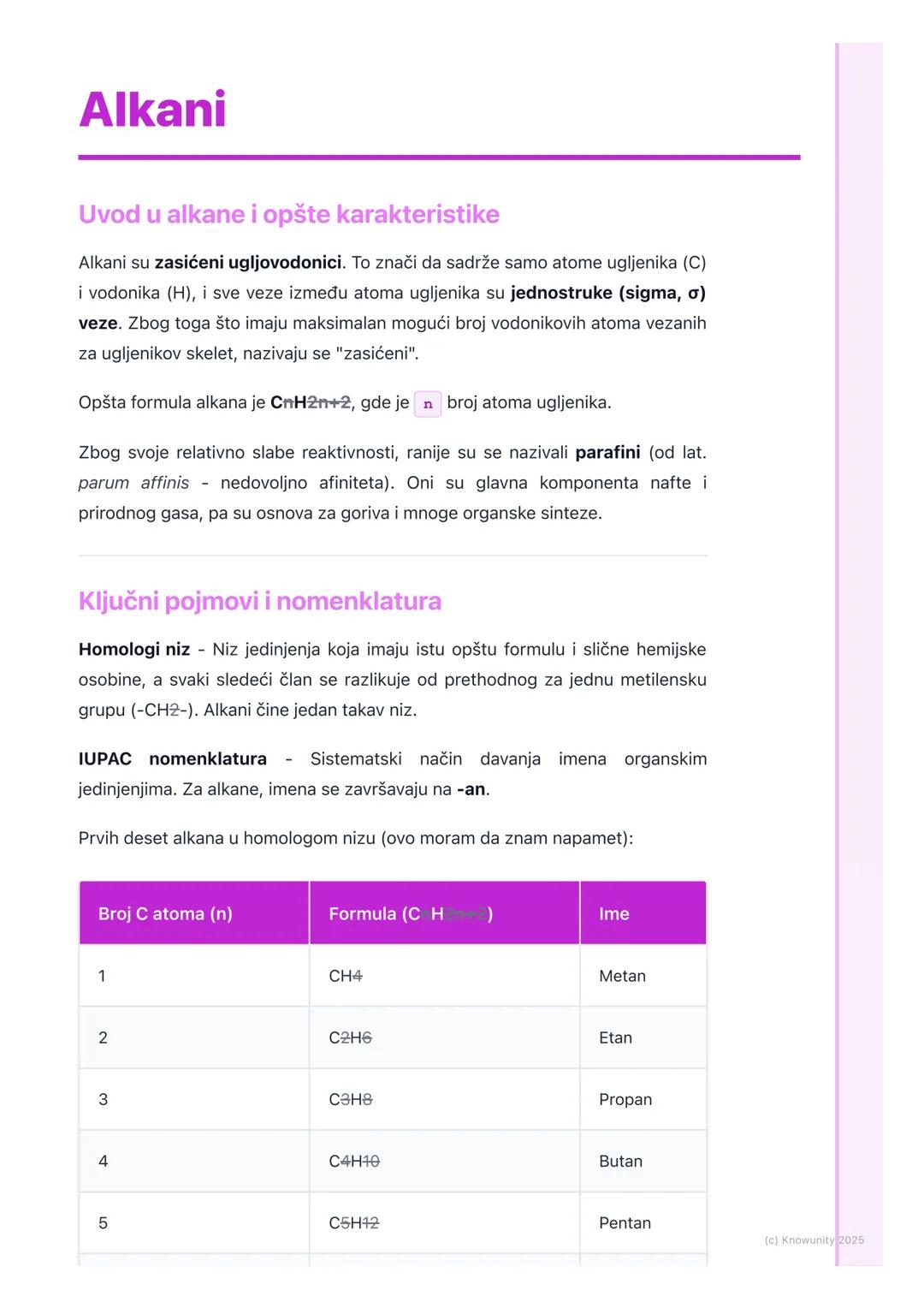 # Alkani

Uvod u alkane i opšte karakteristike

Alkani su zasićeni ugljovodonici. To znači da sadrže samo atome ugljenika (C)
i vodonika (H)