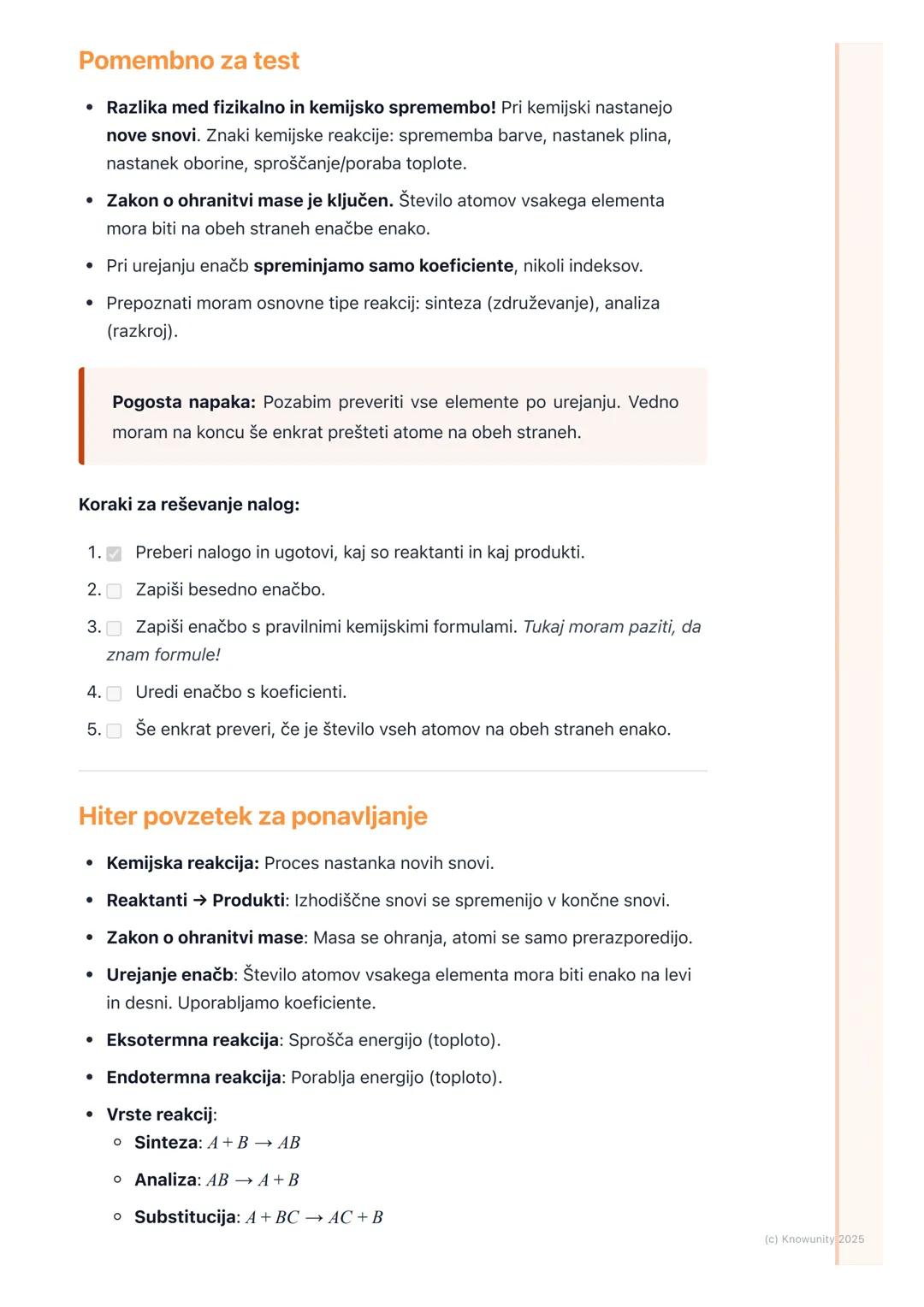 # Kemijske reakcije

Kaj so kemijske reakcije

Kemijska reakcija je proces, pri katerem se snovi spreminjajo in nastanejo nove
snovi z druga