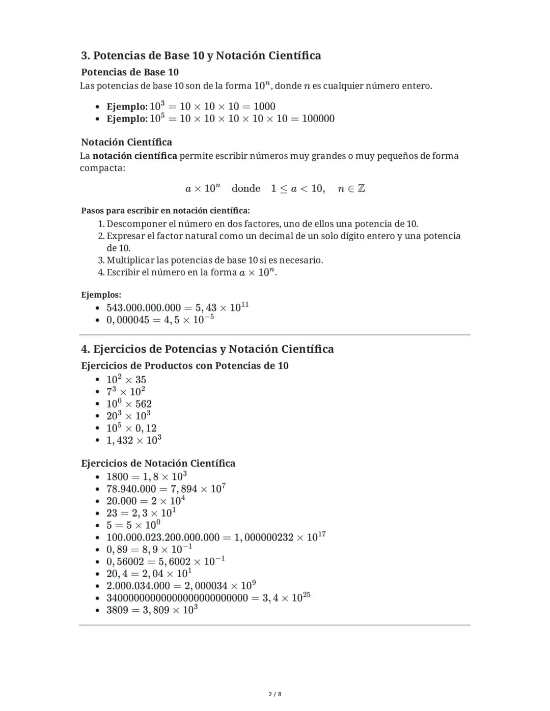 Resumen de Potencias, Notación Científica y Raíces Cuadradas

1. Potencias: Definición y Ejemplos Básicos
Las potencias son una forma abrevi