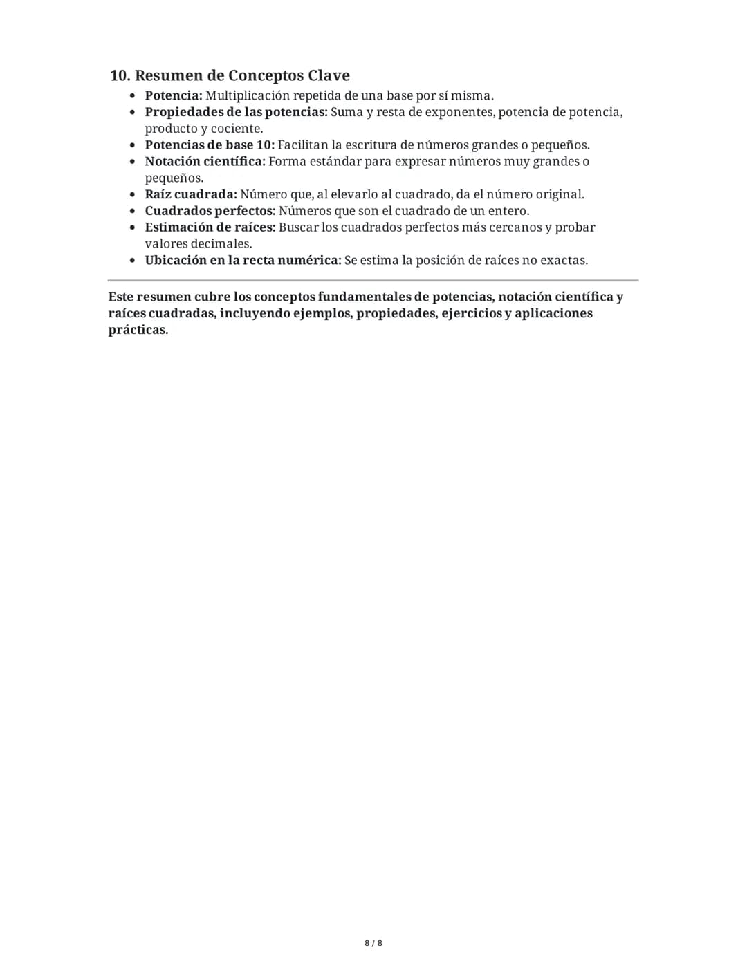 Resumen de Potencias, Notación Científica y Raíces Cuadradas

1. Potencias: Definición y Ejemplos Básicos
Las potencias son una forma abrevi