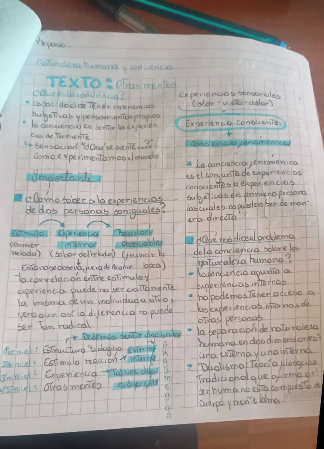 --- OCR Start ---
Plepaso
Naturaleza humana y conuencia.
TEXTO: Otras mentes
CQue cola condenuo?
• capacidad de Tener experiencias
bugetivas