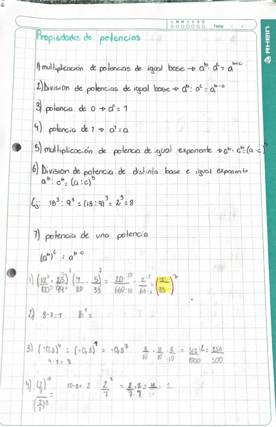 LMMJVSD
Fecha:
I
Propiedades de potencias
bic
1) multiplicación de potencias de igual bose $a^b \cdot a^c = a^{b+c}$
2) Division de polencia