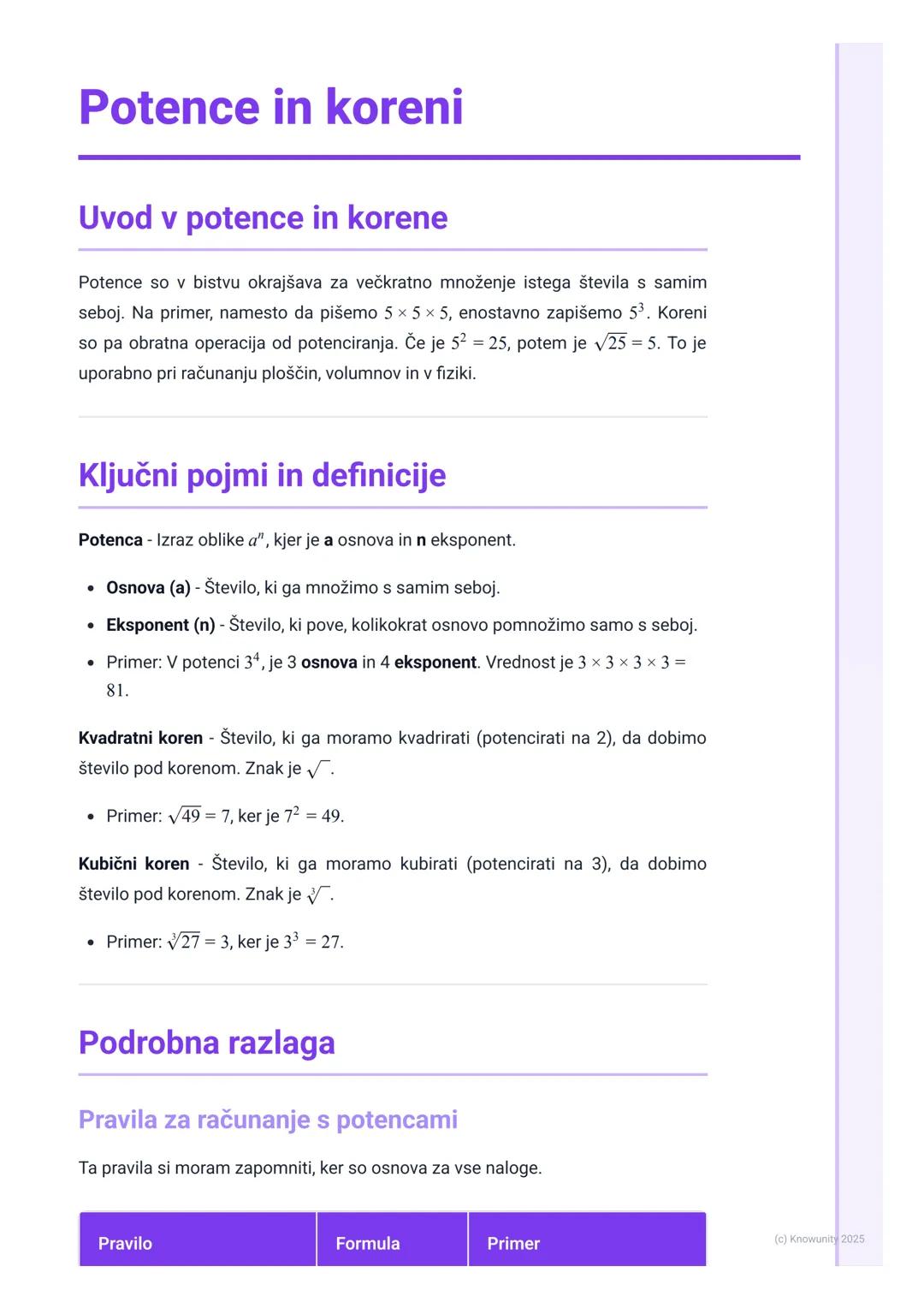 # Potence in koreni

Uvod v potence in korene

Potence so v bistvu okrajšava za večkratno množenje istega števila s samim
seboj. Na primer, 