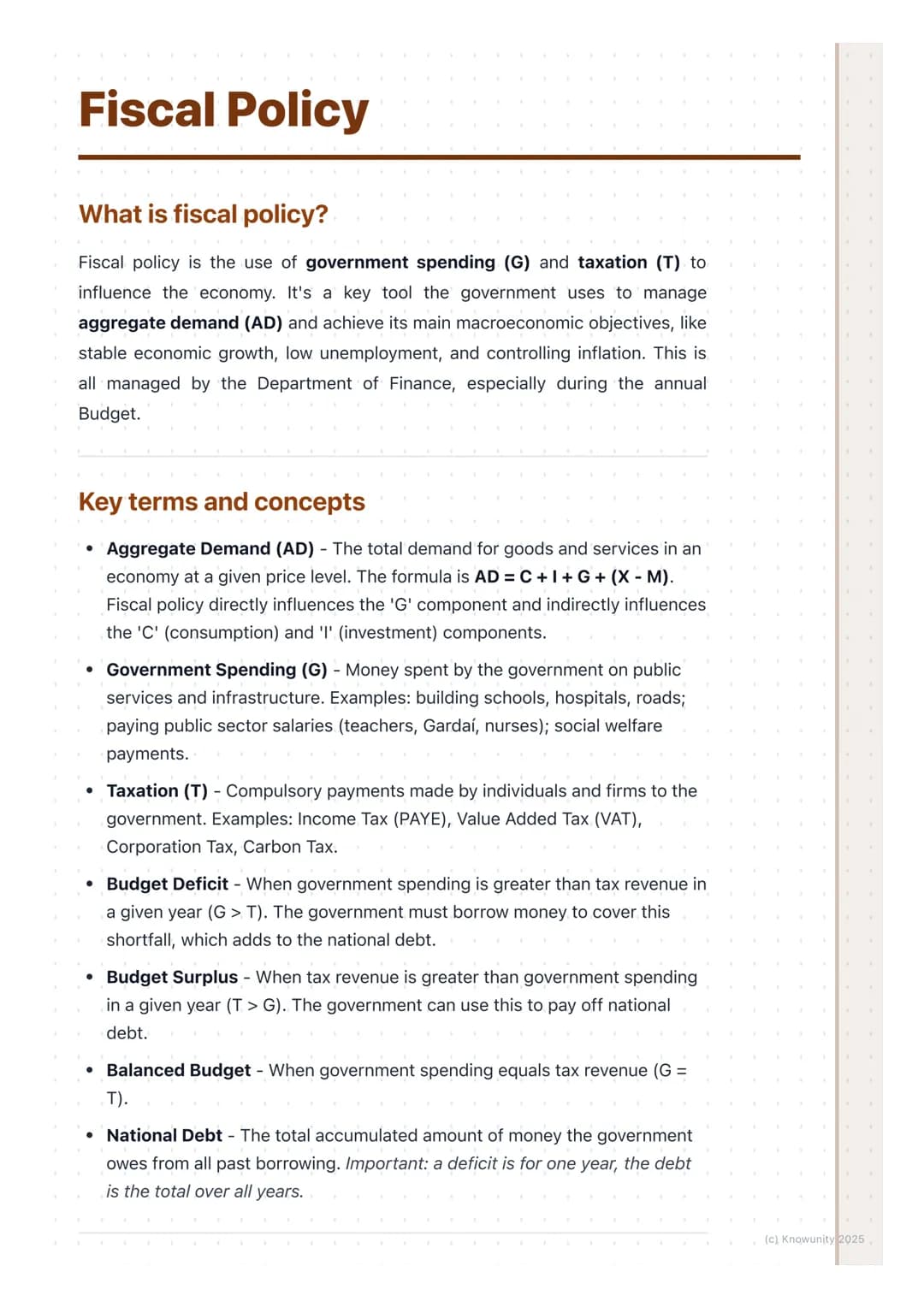 # Fiscal Policy

What is fiscal policy?

Fiscal policy is the use of government spending (G) and taxation (T) to
influence the economy. It's