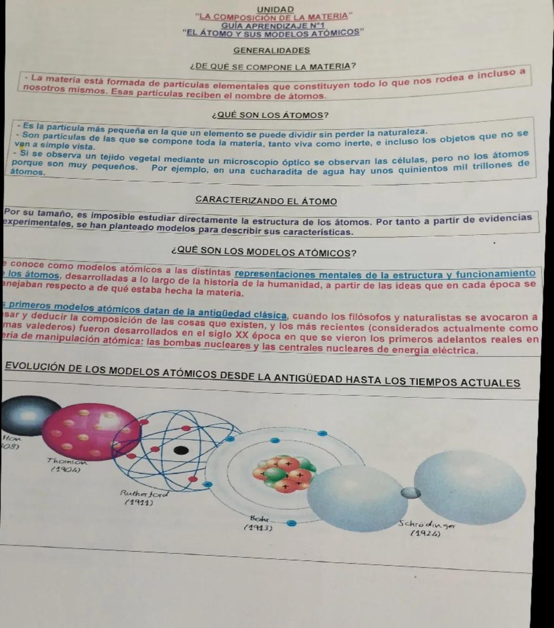 UNIDAD
"LA COMPOSICIÓN DE LA MATERIA"
GUIA APRENDIZAJE N°1
"EL ÁTOMO Y SUS MODELOS ATÓMICOS"

GENERALIDADES

¿DE QUE SE COMPONE LA MATERIA?

