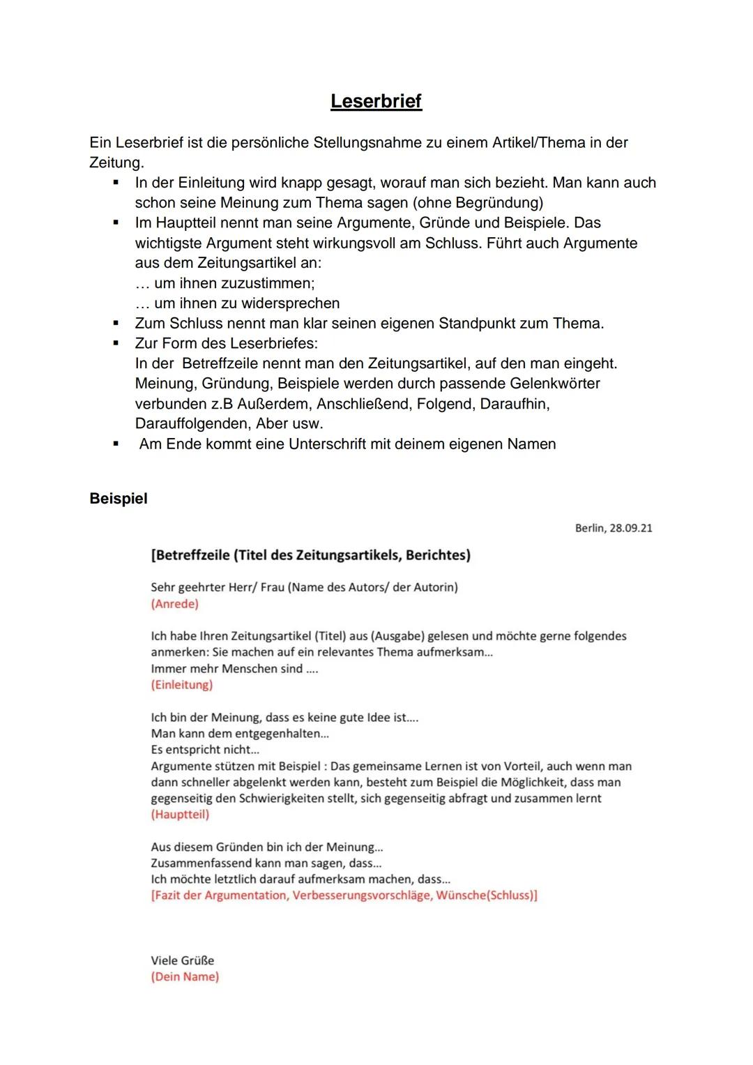 # Leserbrief

Ein Leserbrief ist die persönliche Stellungsnahme zu einem Artikel/Thema in der
Zeitung.

- In der Einleitung wird knapp gesag