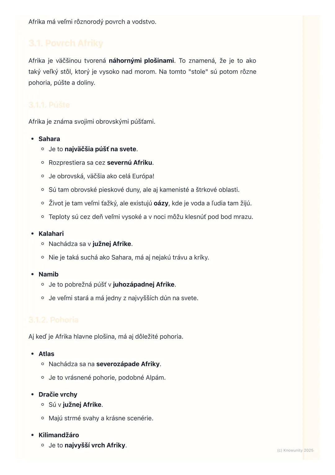 # Povrch a vodstvo Afriky

1.  Úvod do povrchu a vodstva Afriky

Afrika je obrovský kontinent a má veľmi rozmanitý povrch a veľa zaujímavých