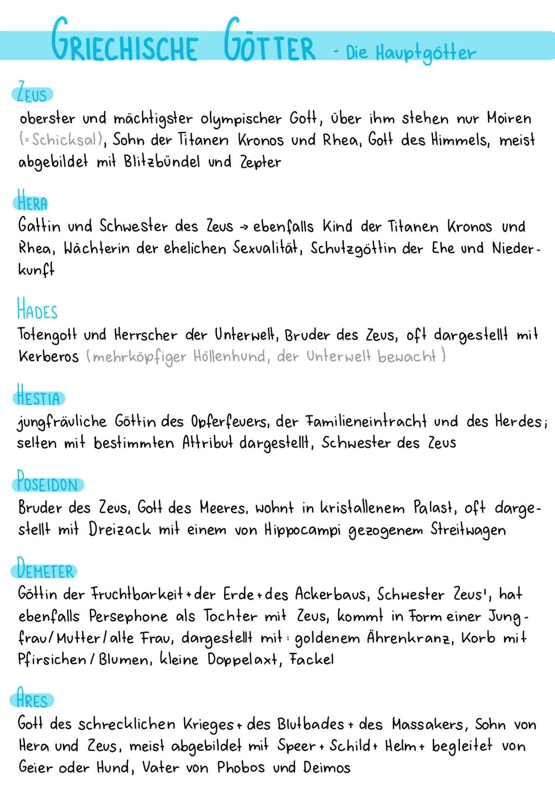 # GRIECHISCHE GÖTTER - Die Hauptgötter

ZEUS

oberster und mächtigster olympischer Gott, über ihm stehen nur Moiren
(=Schicksal), Sohn der T