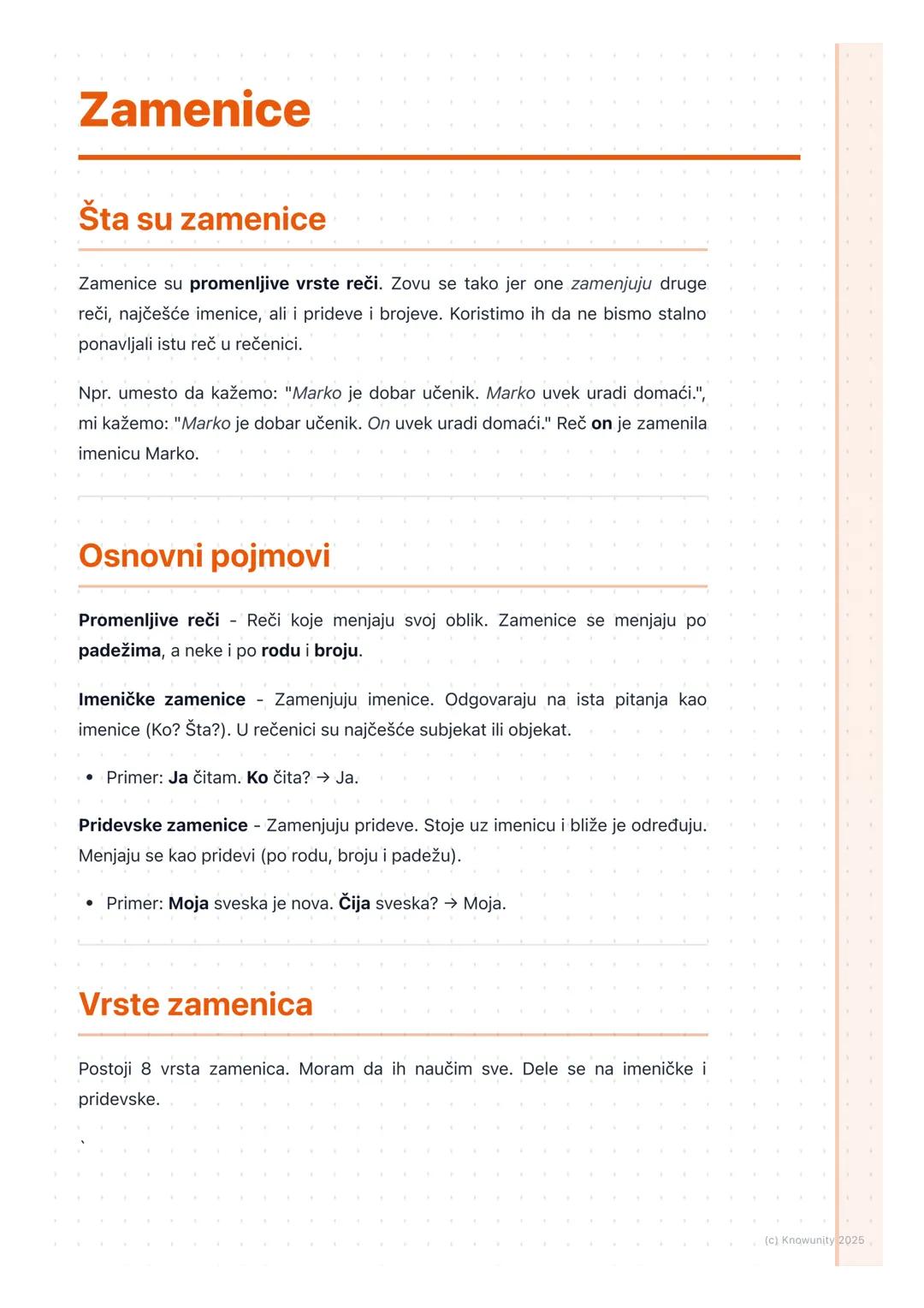 # Zamenice

## Šta su zamenice

Zamenice su promenljive vrste reči. Zovu se tako jer one zamenjuju druge
reči, najčešće imenice, ali i pride