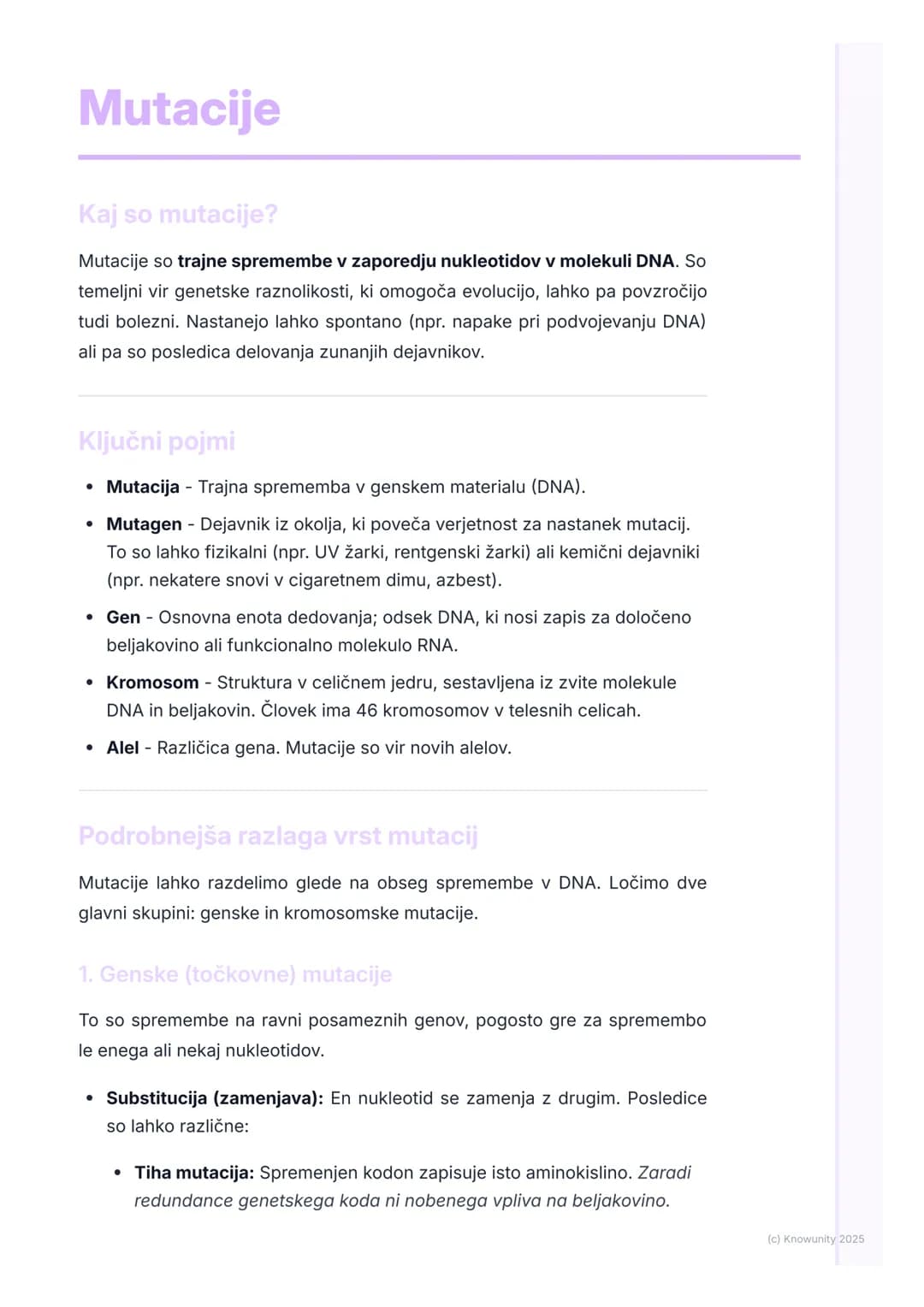 # Mutacije

Kaj so mutacije?

Mutacije so trajne spremembe v zaporedju nukleotidov v molekuli DNA. So
temeljni vir genetske raznolikosti, ki