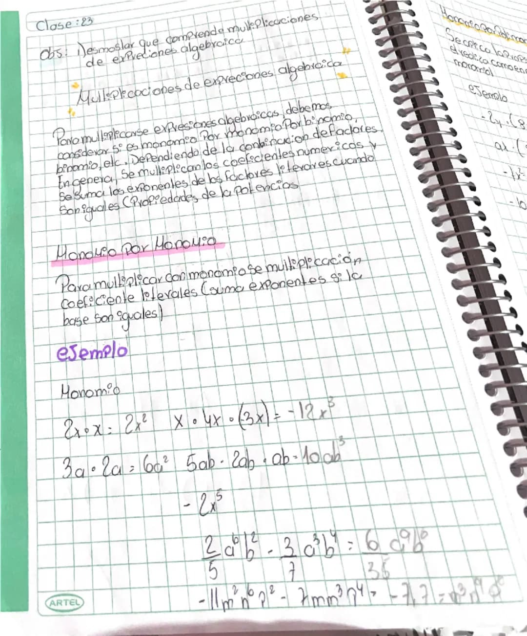 Clase :23
Obj: Demostrar que comprenda multiplicaciones
de expresiones algebraicas
Multiplicaciones de expresiones algebraicas
Para multipli
