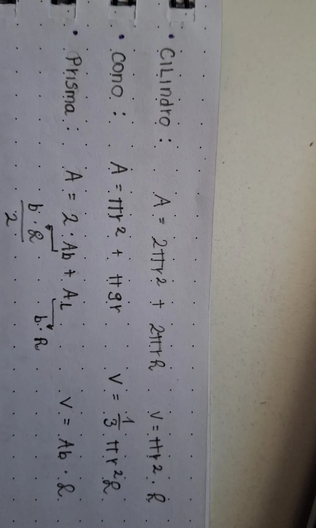 CILIndro:
A = 212 + 241.1h
V = +++2. R
.1
• Cono.:
A2+ V=
Prisma:
A = 2: Ab + AL
•V. = Ab.&.
b.&
b. R
2