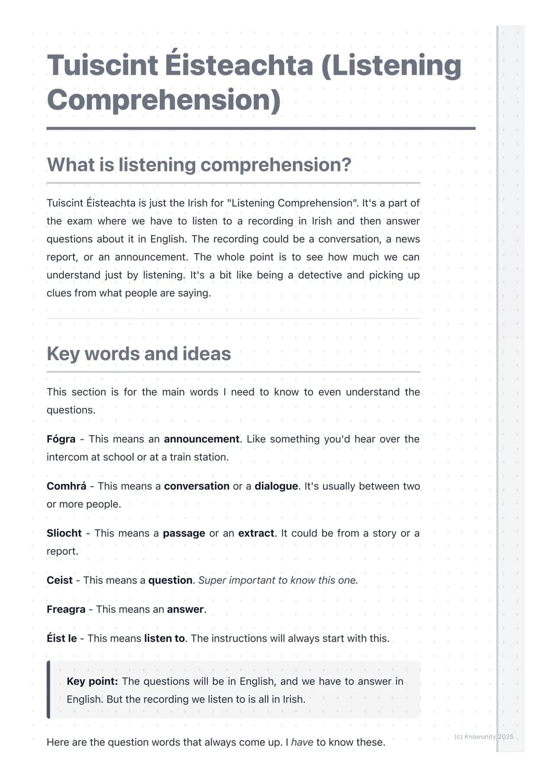 # Tuiscint Éisteachta (Listening
Comprehension)

What is listening comprehension?

Tuiscint Éisteachta is just the Irish for "Listening Comp