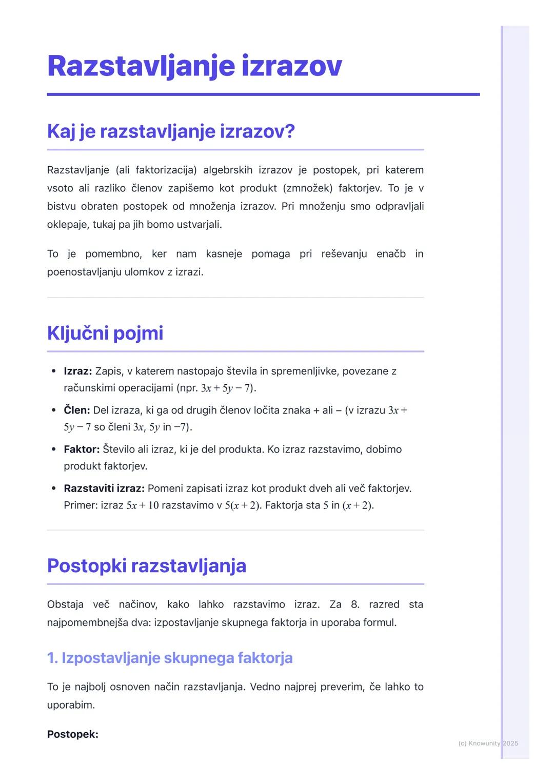 # Razstavljanje izrazov

Kaj je razstavljanje izrazov?

Razstavljanje (ali faktorizacija) algebrskih izrazov je postopek, pri katerem
vsoto 