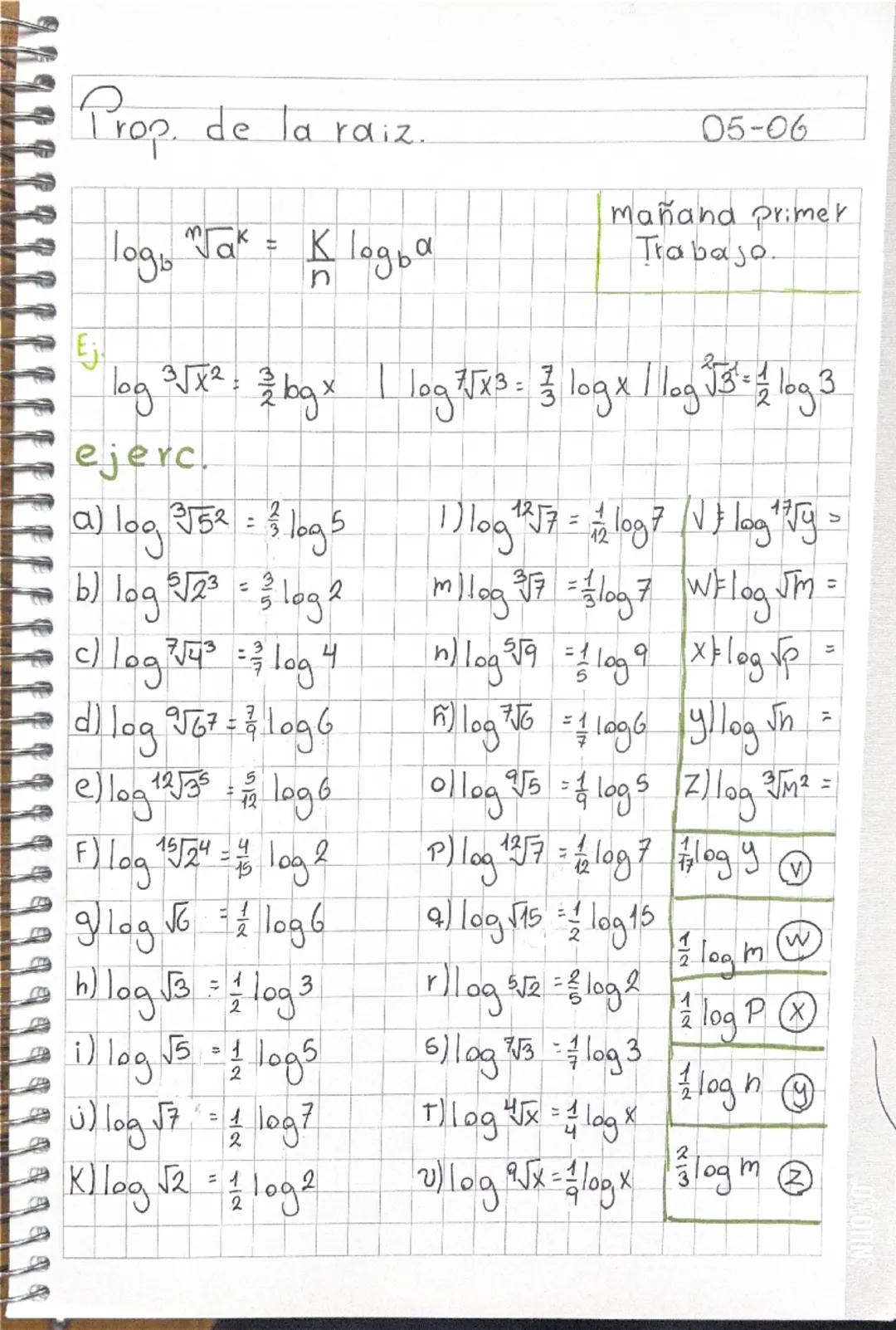 Prop.
de la raiz.
05-06
logb "√ak = Klogba
Mañana primer
Trabajo.
Ej
log ³√x² = 3log x | log √x³ = 3log x | log √3 = 1log 3
ejerc.
5
a) log 