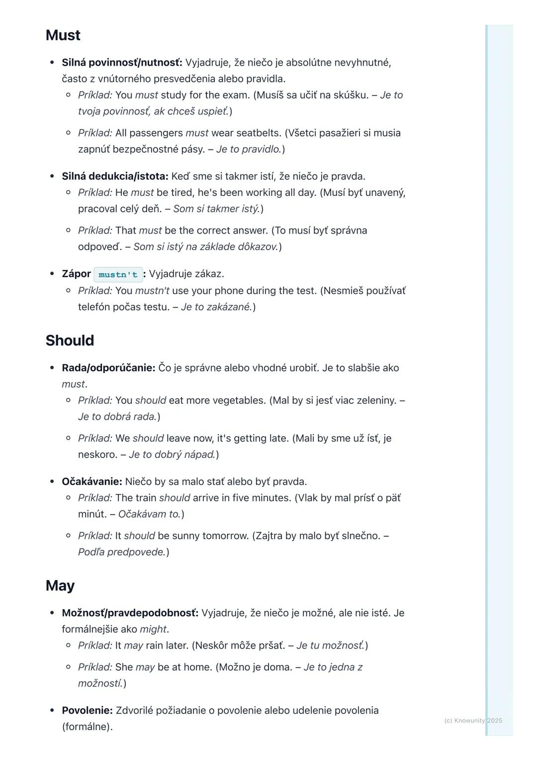 # Modálne slovesá a ich funkcie

## 1. Prehľad modálnych slovies

Modálne slovesá sú špeciálny typ pomocných slovies v angličtine. Nepoužíva