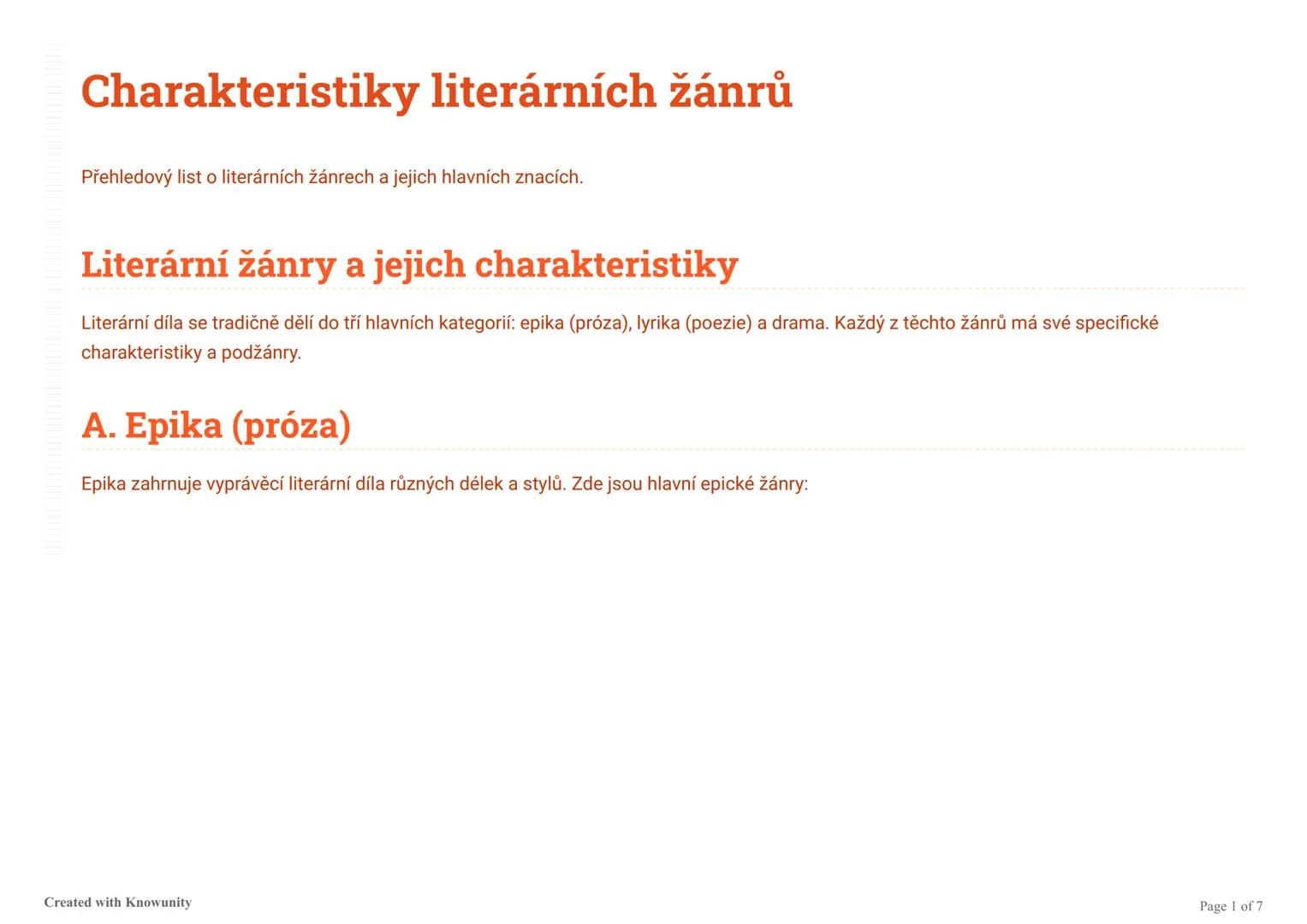 Charakteristiky literárních žánrů
Přehledový list o literárních žánrech a jejich hlavních znacích.
Literární žánry a jejich charakteristiky
