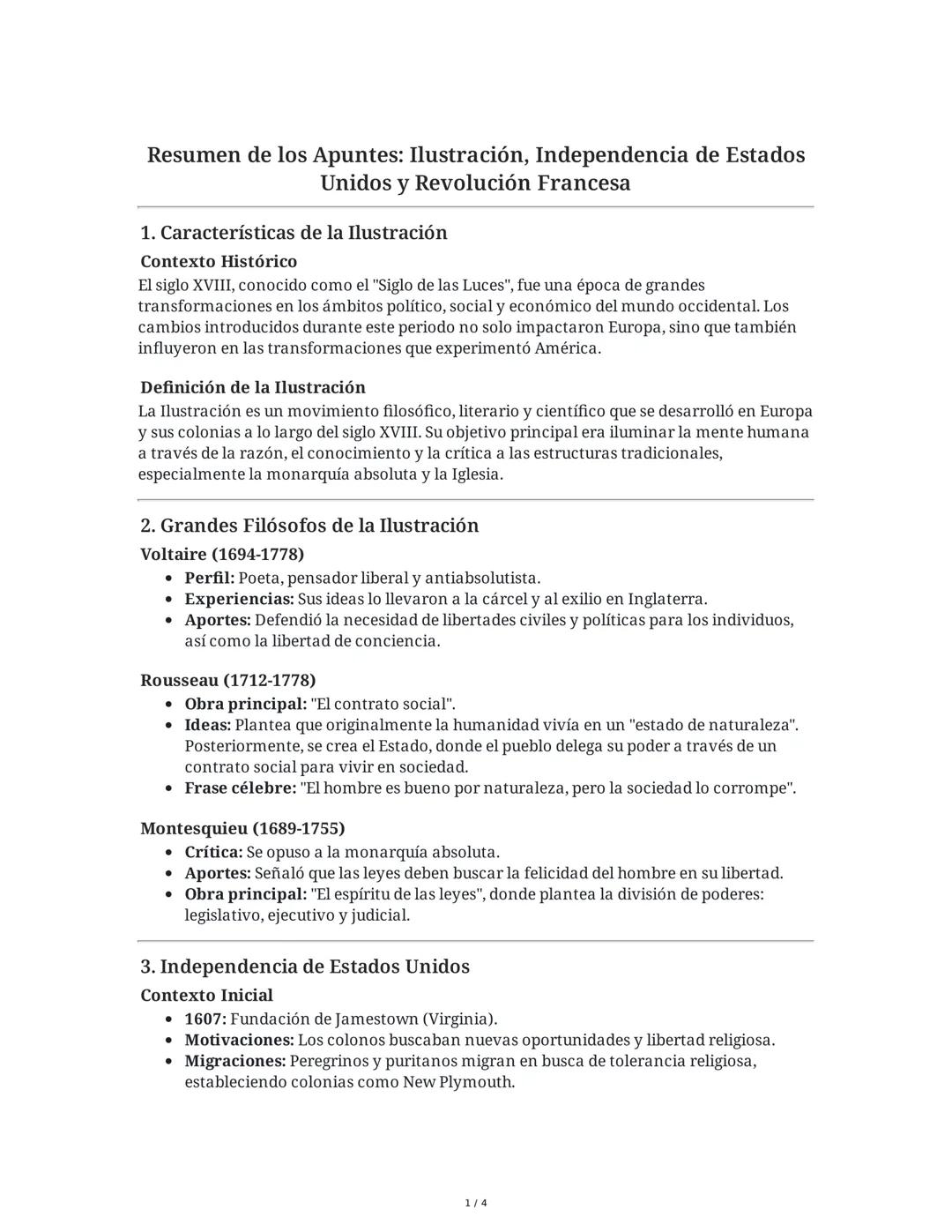 # Resumen de los Apuntes: Ilustración, Independencia de Estados
Unidos y Revolución Francesa

1. Características de la Ilustración

Contexto