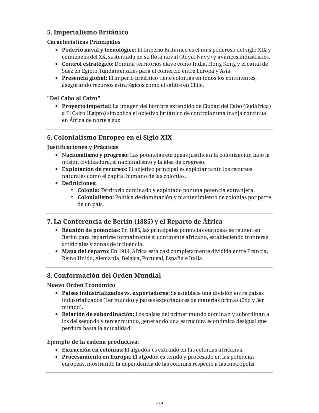 Resumen: Imperialismo y Colonialismo Europeo en el Siglo XIX
1. Antecedentes del Imperialismo
Contexto Económico y Político
• Expansión y co