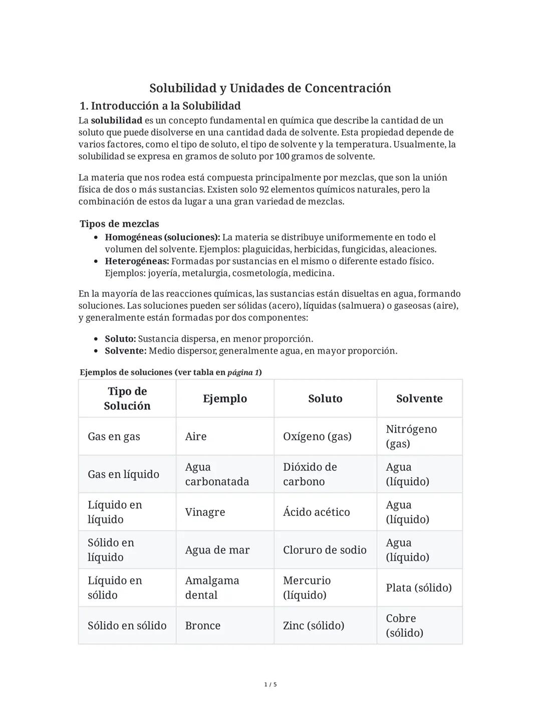## Solubilidad y Unidades de Concentración

### 1. Introducción a la Solubilidad

La solubilidad es un concepto fundamental en química que d