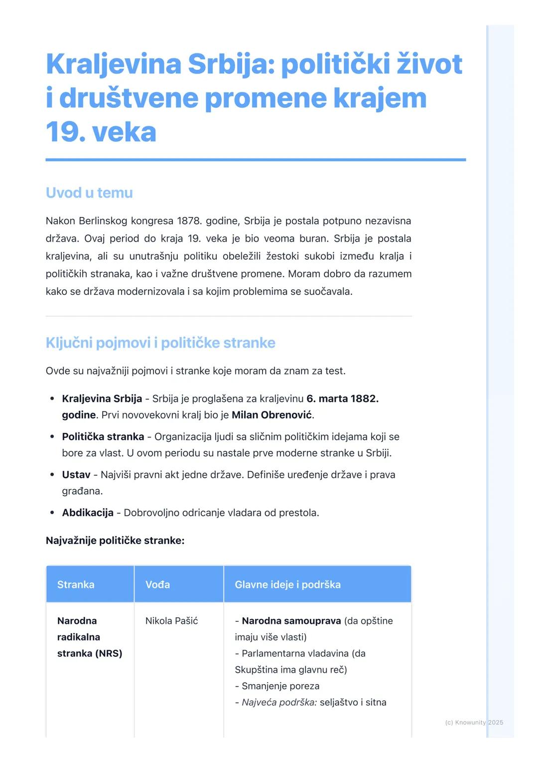 # Kraljevina Srbija: politički život
i društvene promene krajem
19. veka

Uvod u temu

Nakon Berlinskog kongresa 1878. godine, Srbija je pos