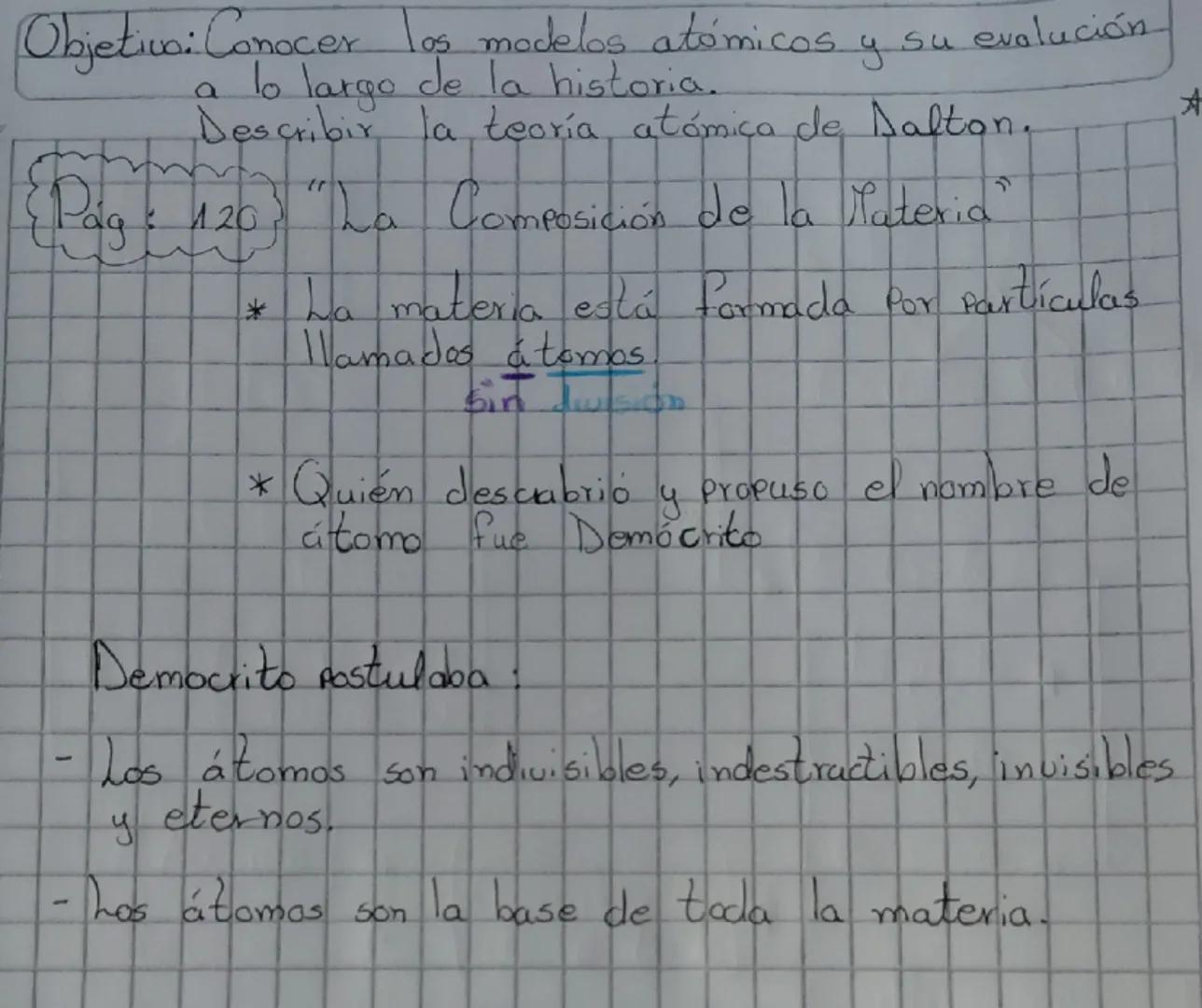 Objetivo: Conocer los modelos atómicos y su evolución
a lo largo de la historia.
Describir la teoría atómica de Dalton Dalton
(Paág: 120) "L