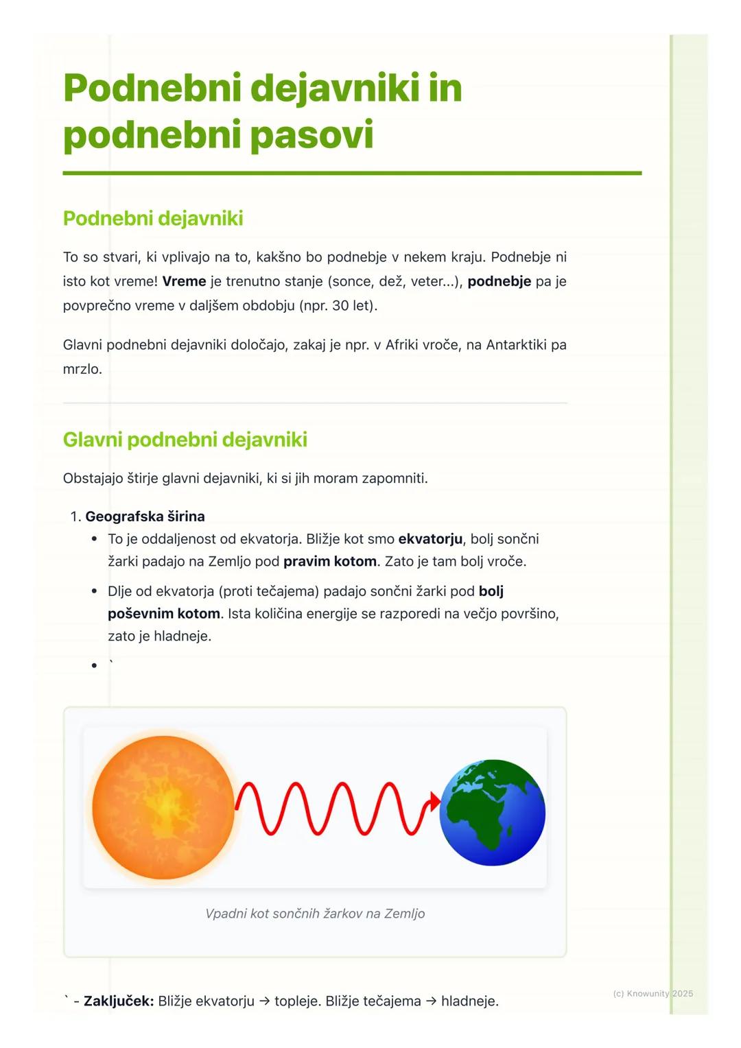 # Podnebni dejavniki in
podnebni pasovi

## Podnebni dejavniki

To so stvari, ki vplivajo na to, kakšno bo podnebje v nekem kraju. Podnebje 