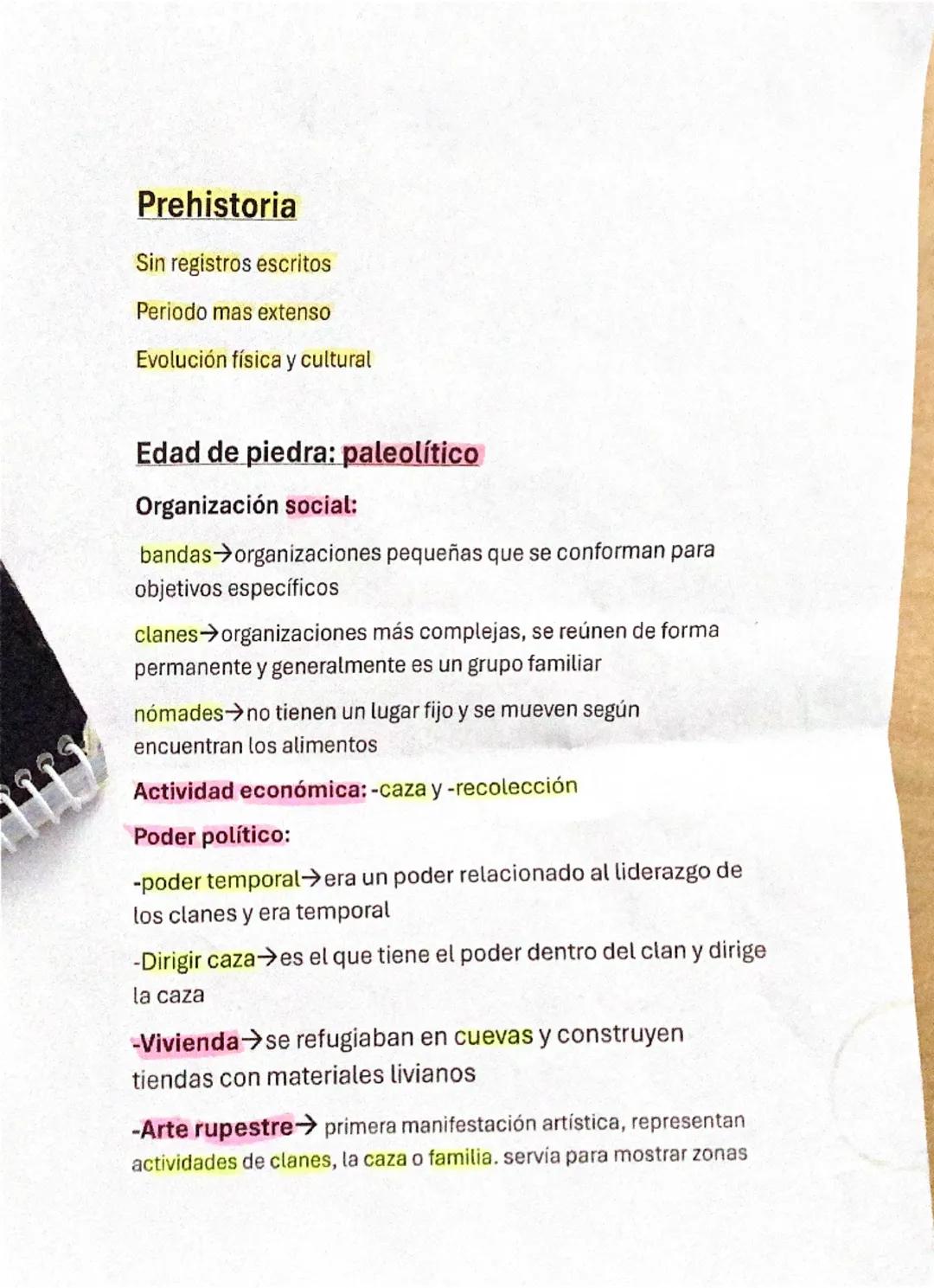 Prehistoria
Sin registros escritos
Periodo mas extenso
Evolución física y cultural
Edad de piedra: paleolítico
Organización social:
bandas
→