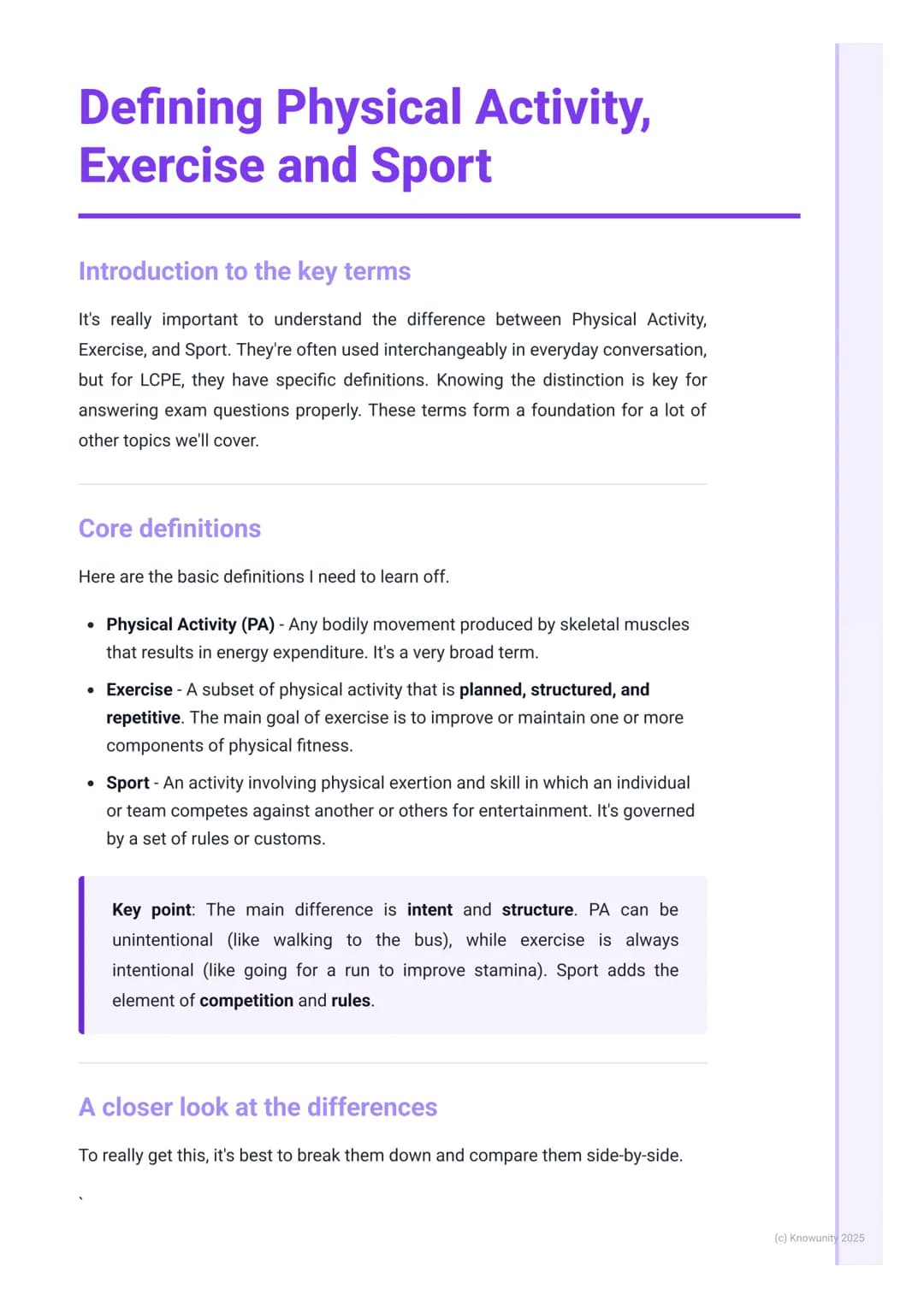 # Defining Physical Activity,
Exercise and Sport

Introduction to the key terms

It's really important to understand the difference between 