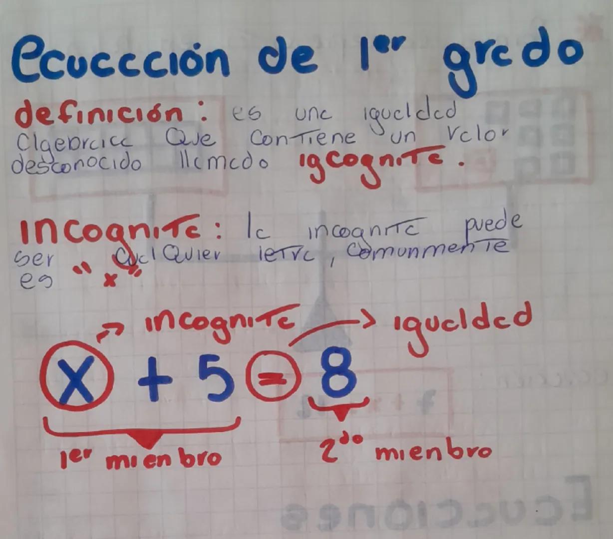 # ecuccción de 1er grado

definición: es une igualdad
Algebraica Que contiene un valor
destonocido llamado igcognita.

Incognita: la incogni