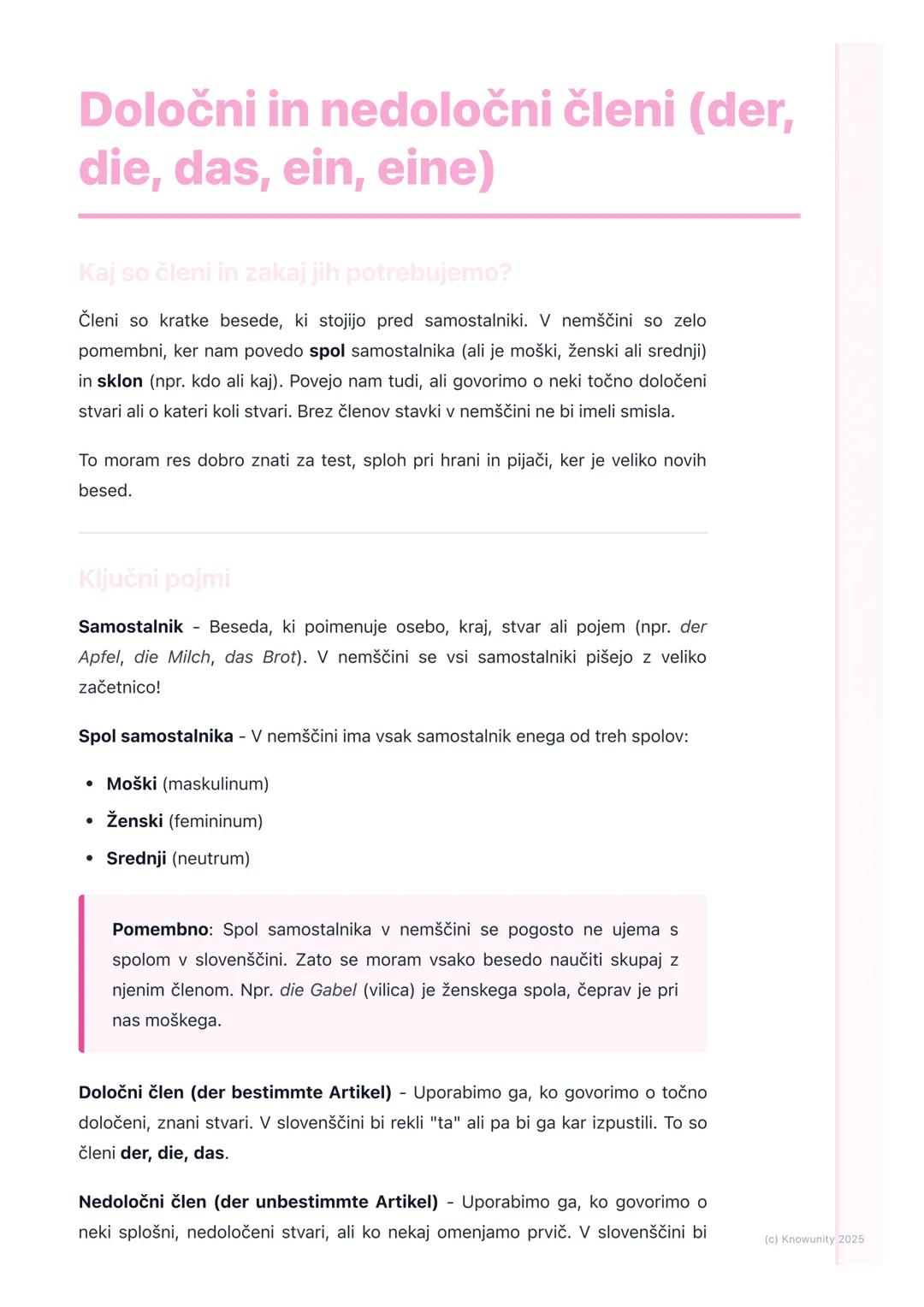 # Določni in nedoločni členi (der,
die, das, ein, eine)

Kaj so členi in zakaj jih potrebujemo?

Členi so kratke besede, ki stojijo pred sam