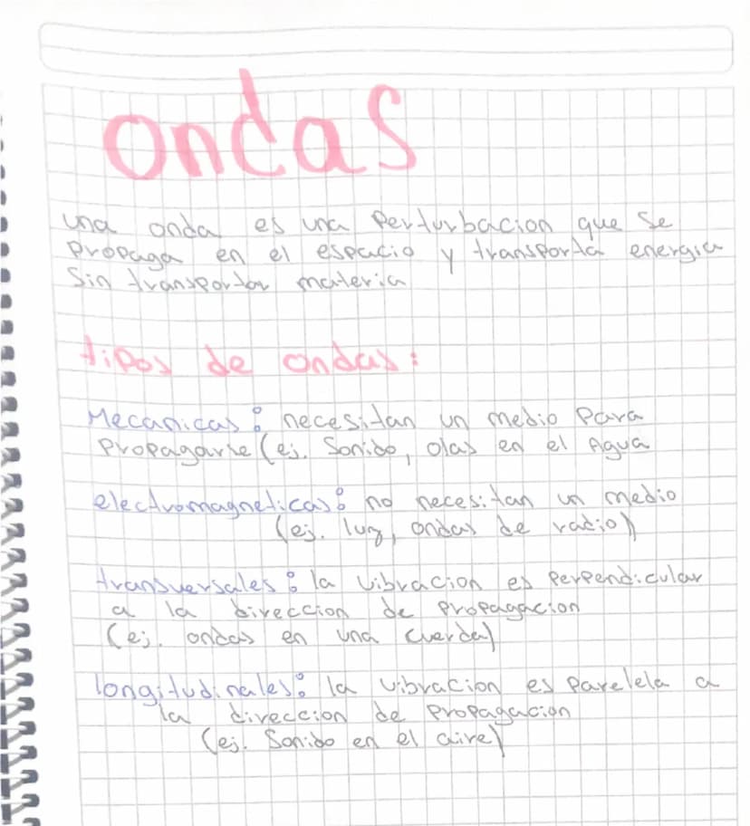 ondas
una onda es una perturbacion que se
Propaga en el espacio y transporta energia
Sin transportar materia
tipos de ondas:
Mecanicas: nece